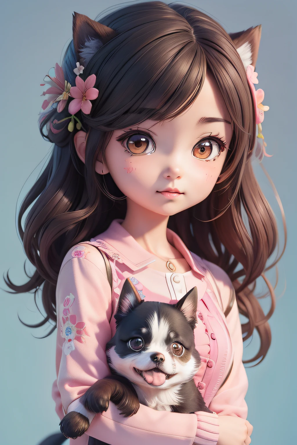 Anime girl with a cute dog in her arms, Kawaii cartoon portrait, Cute detailed digital art, Fanart, 🌺, [4K digital art]!!, Detailed fanart, cute portrait, Lori color