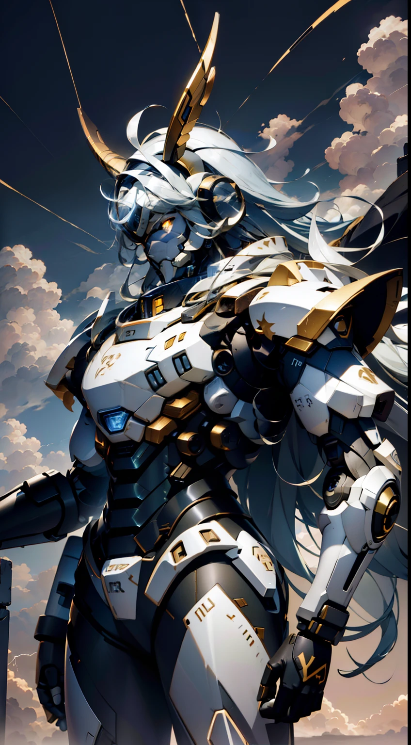 Aries constellation，Sheep horns，On the battlefield，Humanoid mech，Horn in left hand，Right-handed lightning，In the clouds