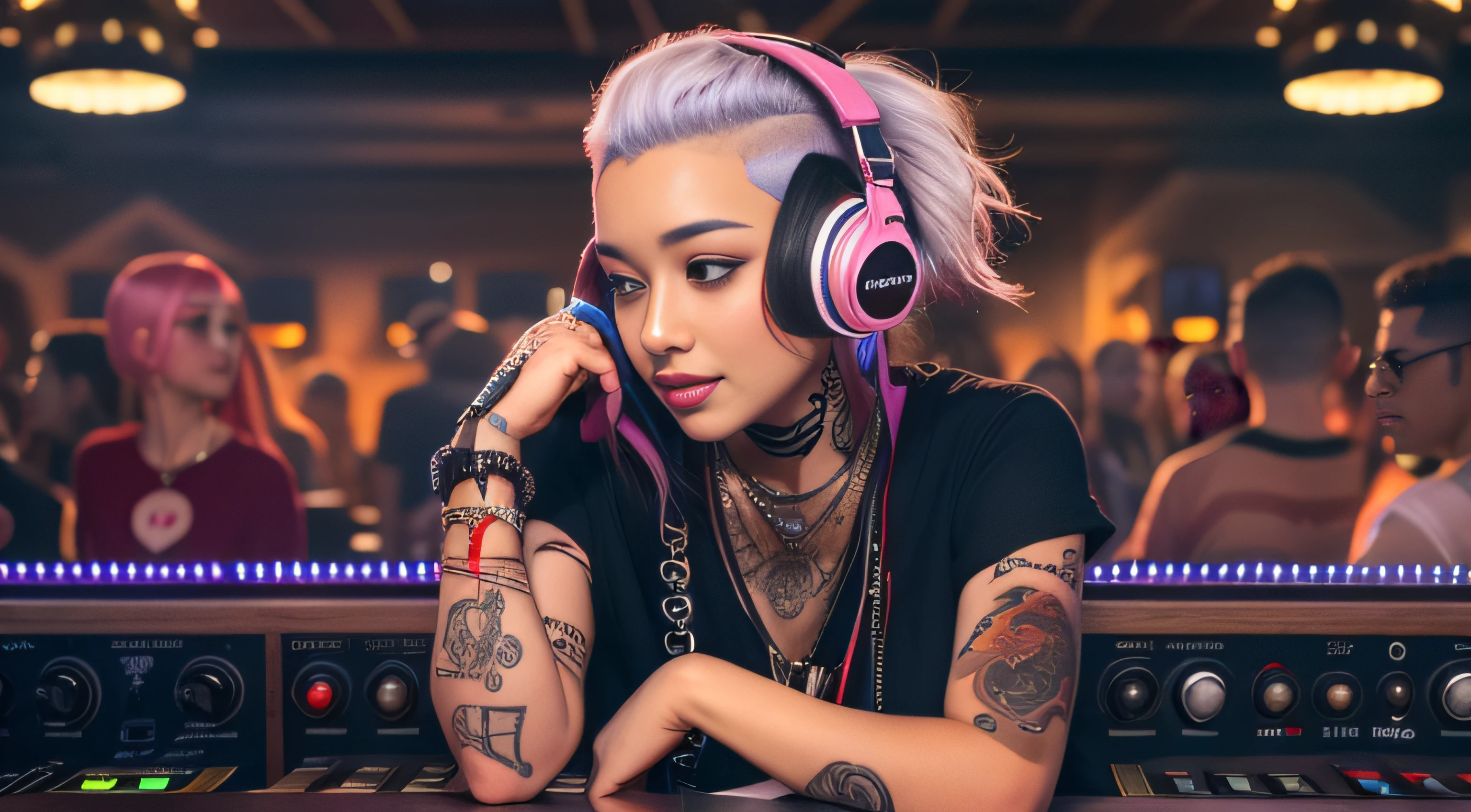 Best quality, Masterpiece, Ultra High resolution, native photo, Professional, photography, color photography, 1 girl, disco bar, girl with headphones, Djing in bar, upper body, female DJ, Looking at the crowd, DJ, DJ machine, DJ machine, Stage lights, (buzz cut:1.1), (Tattoo :1.1), Happy, dynamic, Gucci, Versace, cool, necklace, view