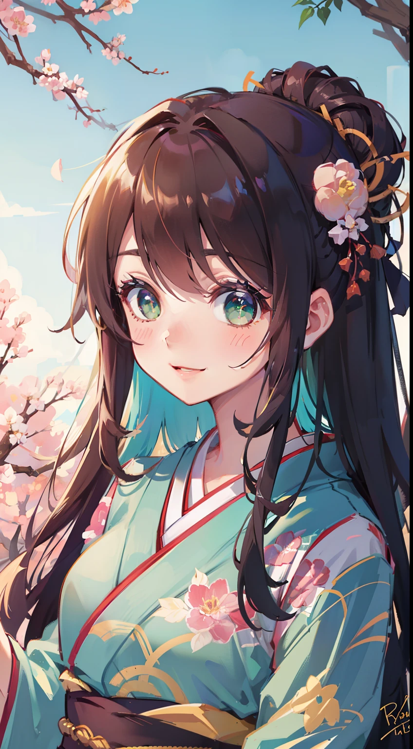 (masterpiece), (best quality), ultra high res, sharp focus, ((1 woman, solo)), modern theme aesthetic, in the pink blossom garden, (at the afternoon time:1.2), upper body, magazine cover, beautiful detailed hair, chestnut brown hair, long hair tumbles down, ((beautiful shape eyes, green eyes)), beautiful detailed face, perfect feminine face, comfortable face, look at the viewer, smiles, colorful japanese kimono