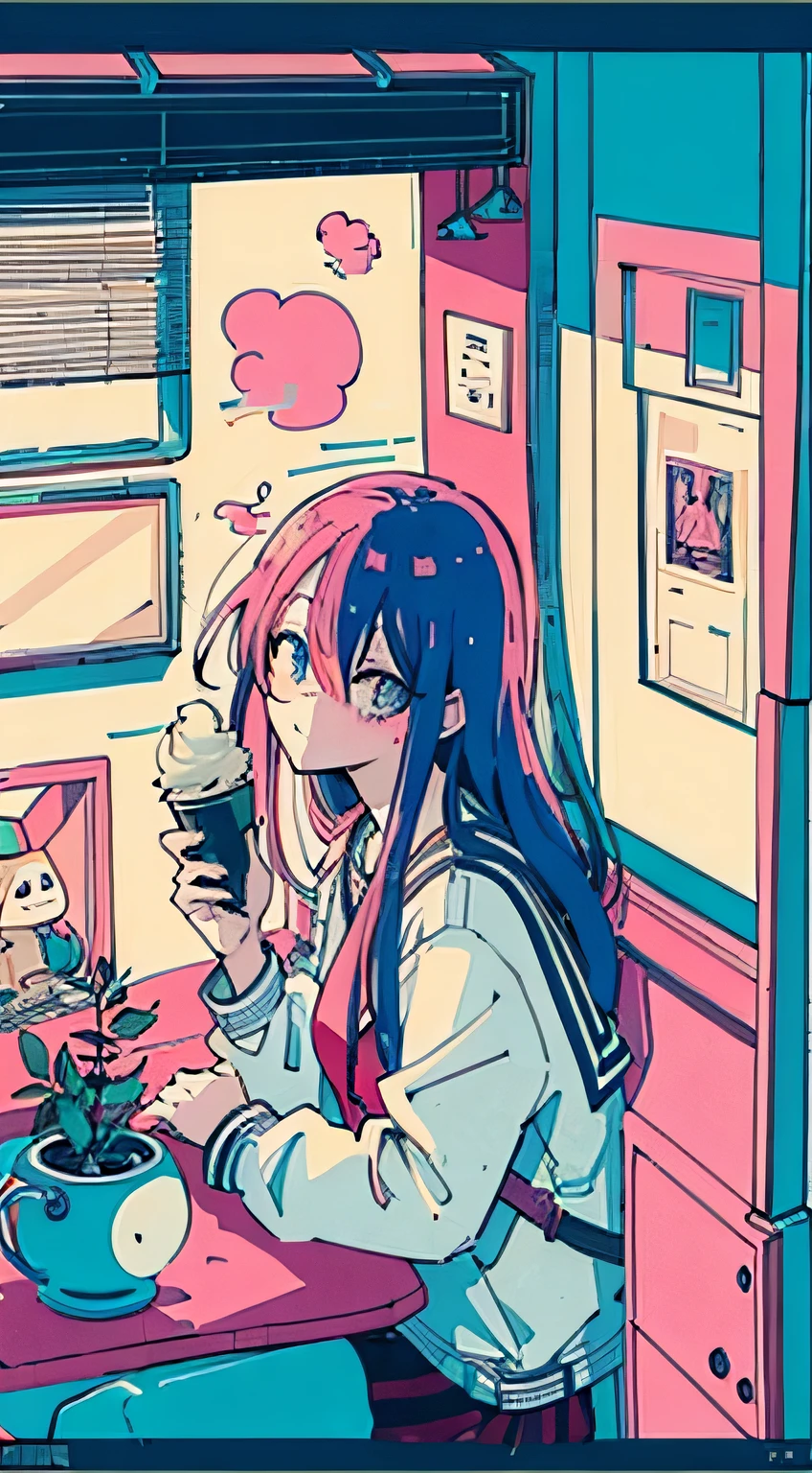 (masutepiece:1.5, Best Quality:1.5), ((Vaporwave Style, partially coloring)), close-up, From  above, Cinematic Angle, (((vanilla))), 1girl in, Solo, Cute smile, (hold a vanilla ice cream), Jewelry Decoration, Long hair, in an ice cream shop, doll mess, decadent life, Sunset outside the window, Street outside the window, Sunset outside the window, Music album covers