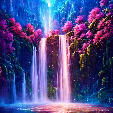 A large waterfall，There is a light at the end of the waterfall, pink waterfalls, Very Beautiful Digital Art, beautiful digital a...