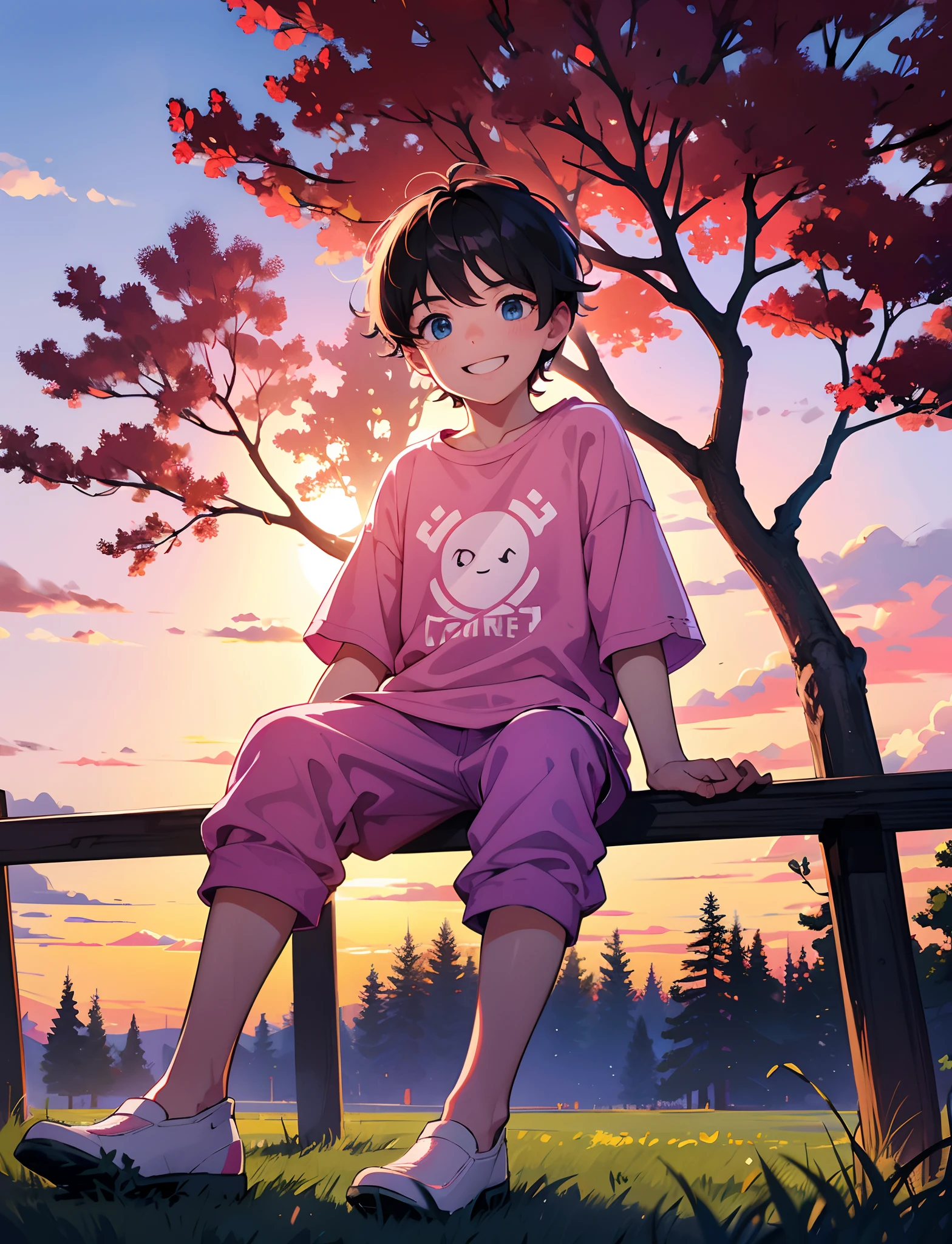 Um menino feliz，vestindo uma camiseta rosa，olhos de cor azul，sentado no parque，árvore grande no fundo，Pôr do sol e pôr do sol，olhando diretamente para a câmera，foto de corpo inteiro，definição ultra-alta