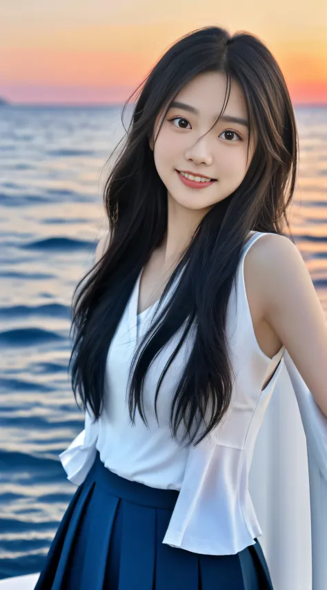 8K分辨率, 超高分辨率, Best image quality, a beauty girl, Moisturized lips, Peerless beauty, Side face 1/3，Looking out to sea，Messy black...