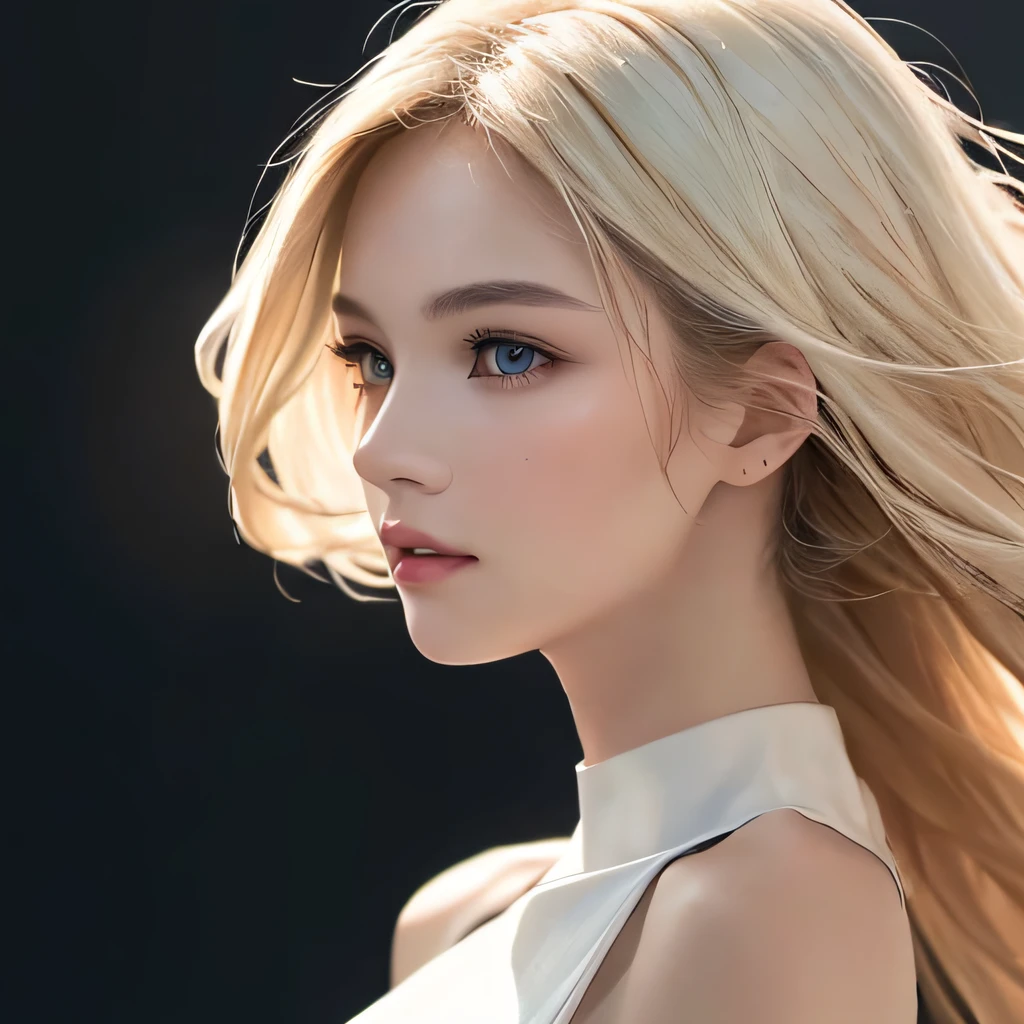 (8K, RAW Photos, of the highest quality, Masterpieces: 1.2), (Realistic, Photorealistic: 1.37), Highest Quality, Ultra High Resolution, light  leaks, Dynamic lighting, Slim and smooth skin, (Full body:1.3), (Soft Saturation: 1.6), (Fair skin: 1.2), (Glossy skin: 1.1), Oiled skin, 22 years old, Night, shiny white blonde, Well-formed, Hair fluttering in the wind, Close-up shot of face only, Physically Based Rendering, From multiple angles, Bvlgari dresses