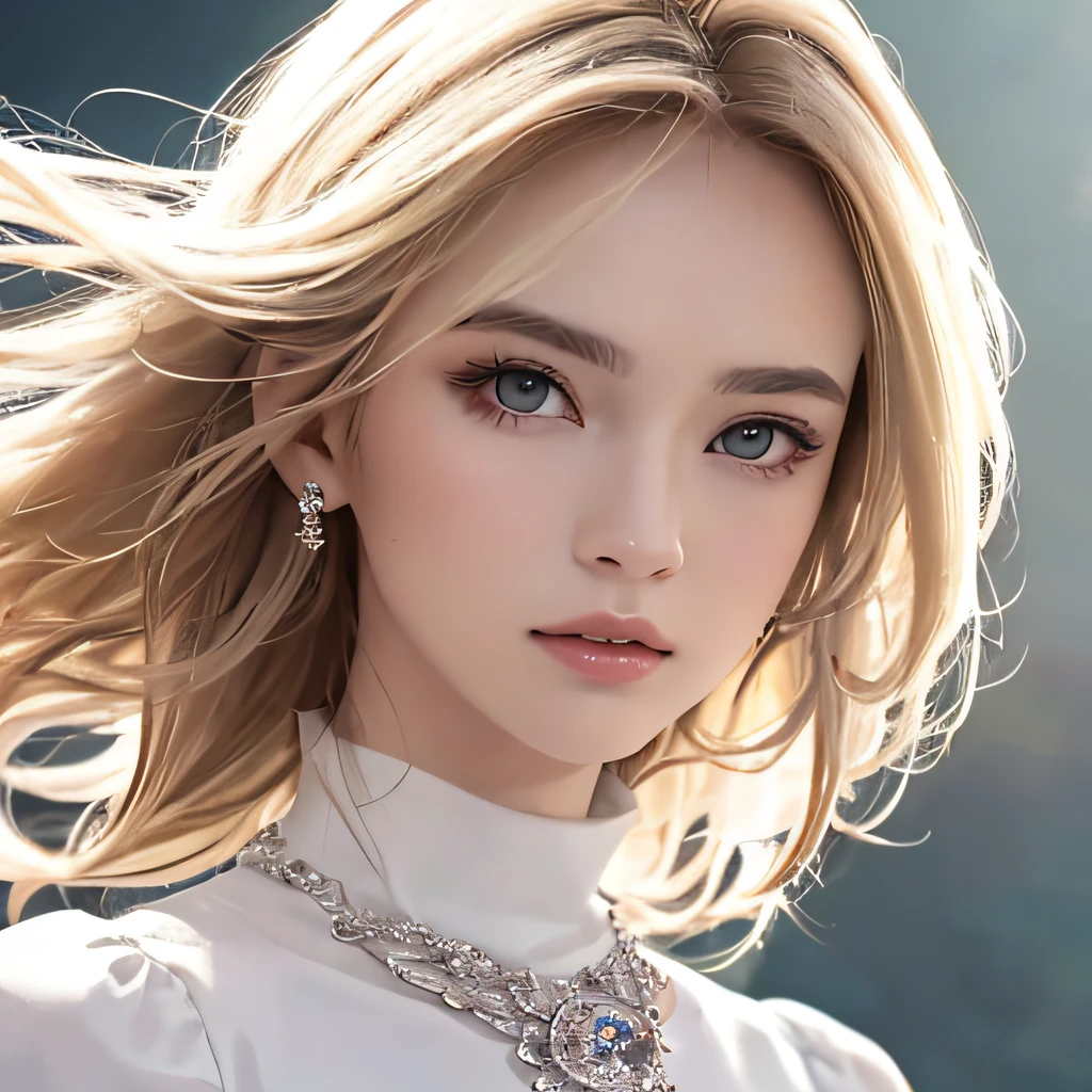 (8K, RAW Photos, of the highest quality, Masterpieces: 1.2), (Realistic, Photorealistic: 1.37), Highest Quality, Ultra High Resolution, light  leaks, Dynamic lighting, Slim and smooth skin, (Full body:1.3), (Soft Saturation: 1.6), (Fair skin: 1.2), (Glossy skin: 1.1), Oiled skin, 22 years old, Night, shiny white blonde, Well-formed, Hair fluttering in the wind, Close-up shot of face only, Physically Based Rendering, From multiple angles, Bvlgari dresses