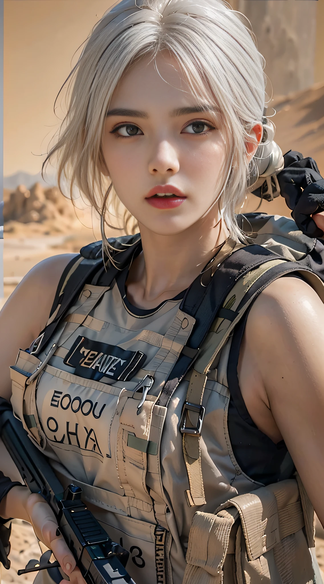 Photorealistic, high resolution, 1womanl, Solo,The background is in the desert, looking to the camera, (Detailed face), White hair, anger expression，SWAT vests, Gun, With black gloves，Fingers are occluded，exposing your navel