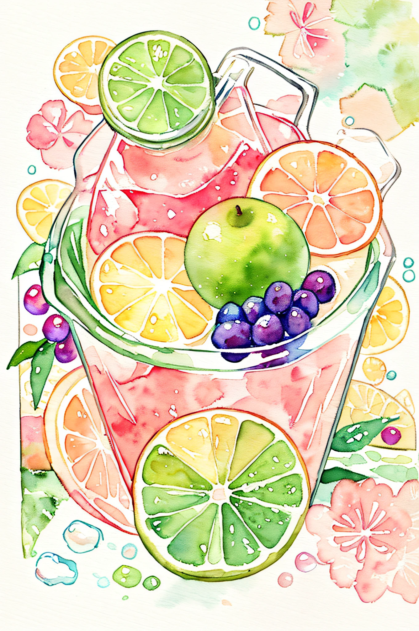 pastelcolor:1.2)、(cute illustration:1.2)、(watercolor paiting:1.2)、white backgrounid、、Light pinkish green throughout、moya、Clouds、extremely colorful、acid、malic acid、citric acid、Grapes are sour、Sour taste of fruit、carbonic acid、Schwashwa、Cream soda、Particles of Light、drinks、True seal