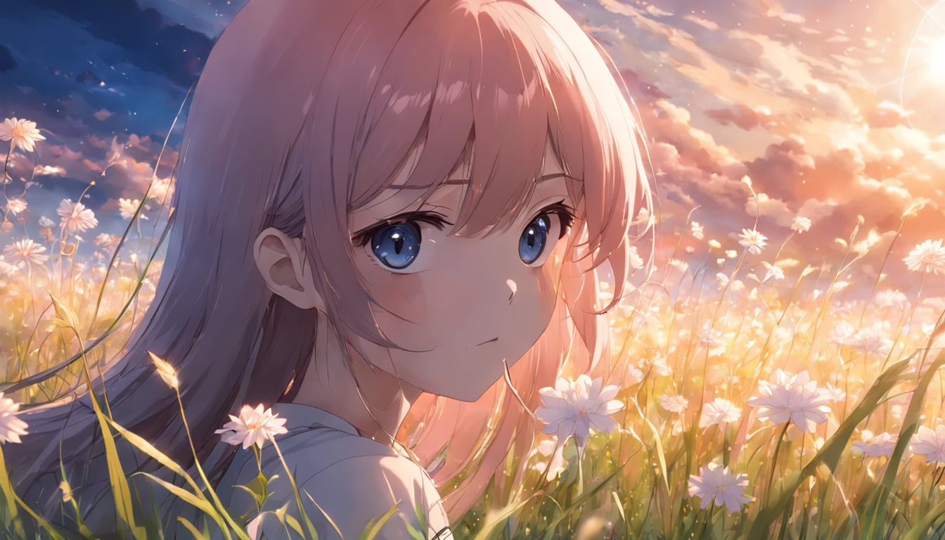 Anime girl in a field of flowers looking at the sun - SeaArt AI