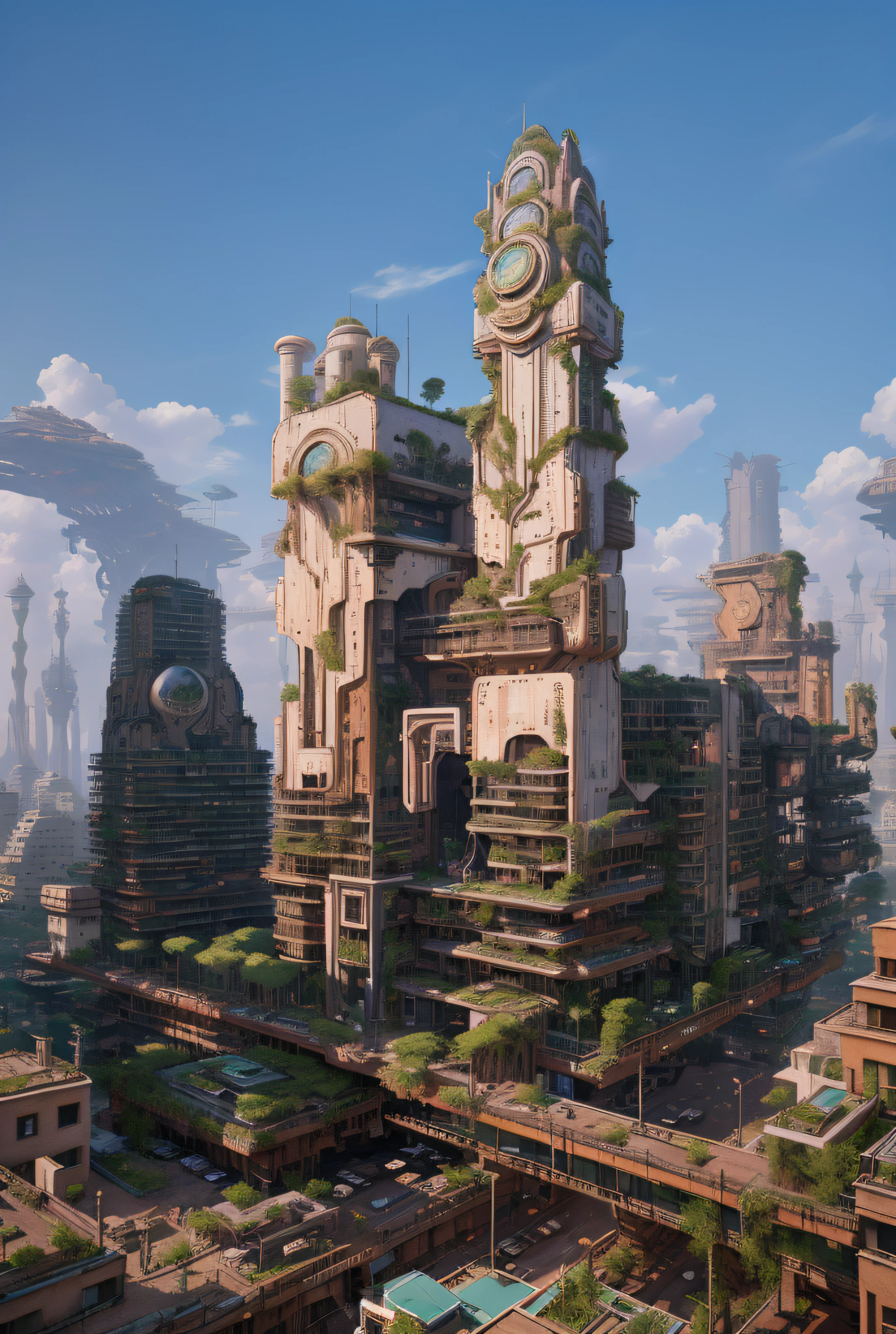 Plants grow on high-rise buildings，Plants and architecture live in symbiosis，..CGI，Light and shadow detailechanicalparts，Photorealistic rendering，The world after the disappearance of humanity，No man's land，overgrown with plants，Wasteland，After the war，ruins，cawing ravens，air vehicle