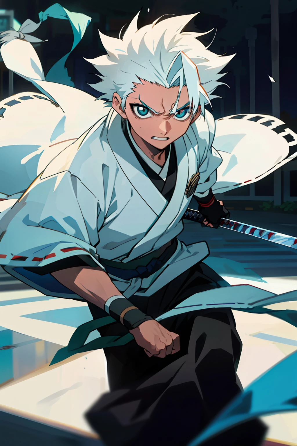 "tmasterpiece，best qualtiy，Libido boy，street japan，15 years old，Hinata Kushiro，Lack of light at night，White color hair，Show forehead，White samurai suit，Wrapped in blue ice，Sword in hand，Natural soft light，Fighting posture，bloodstained clothes，Damaged clothing，the street，Angry eyes，ssmile，looking to the front，malefocus，strong muscle，cinematic compositions，Bokeh"