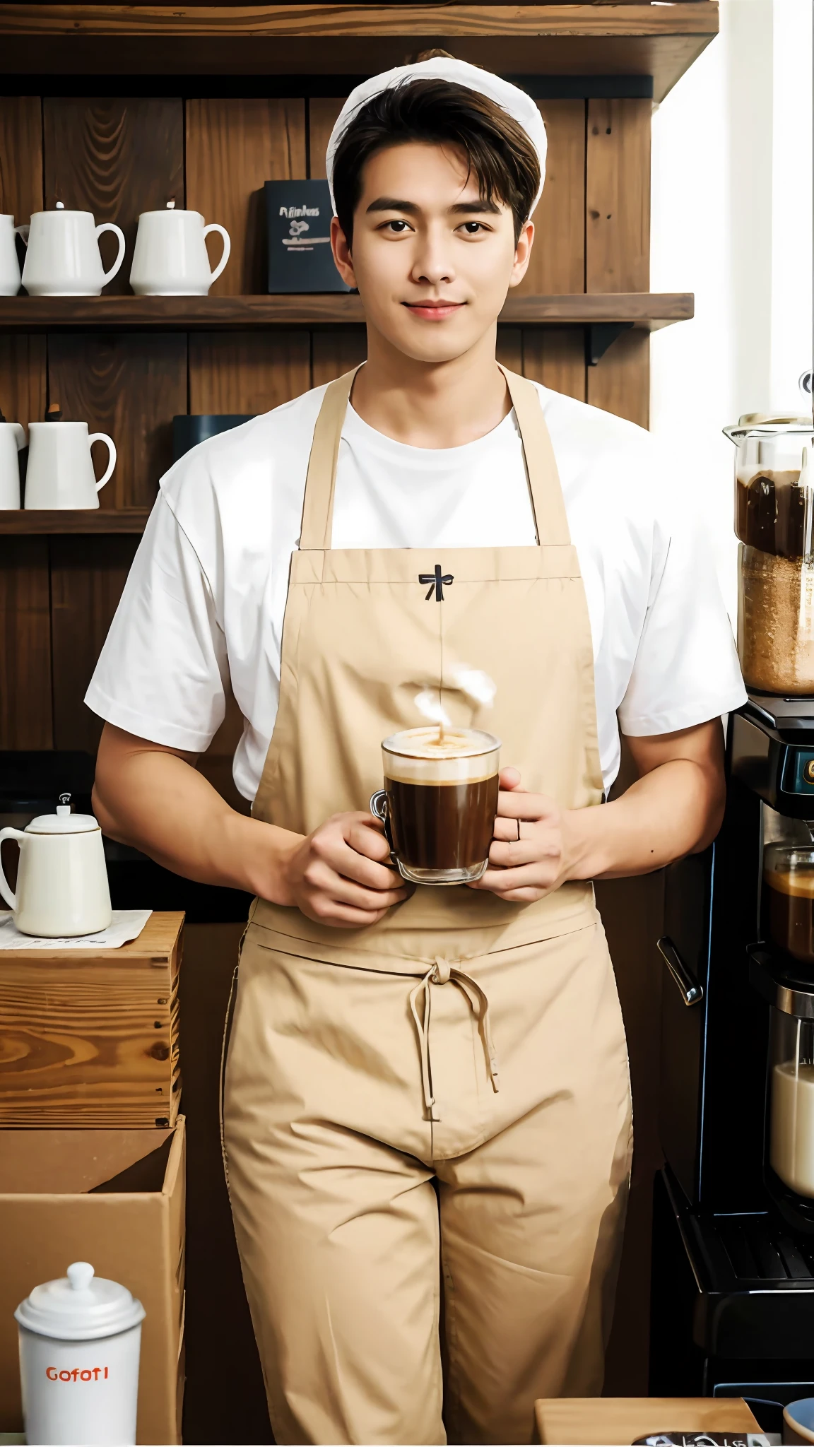 1人，A 20-year-old man in a café，Barista，Coffee is being made，Facial hair，Light brown apron，Brown bandana，Sit Pose，leg apart，whitet-shirt，short white pants，Slender figure，Handsome，full bodyesbian，Exposing thighs，Expose calves，Thick leg hair，Large bulge at the crotch，leg apart，pervert smirk，janelas，rays of sunshine，Plenty of ground coffee and cups，Huge coffee machine，Coffee packaging box，In a dark café，gentlesoftlighting，tmasterpiece，best qualtiy，8K  UHD，digital SLR camera，filmgrain，Fujifilm XT3 Realistic painting art，Written by Midjourney and Greg Rutkowski