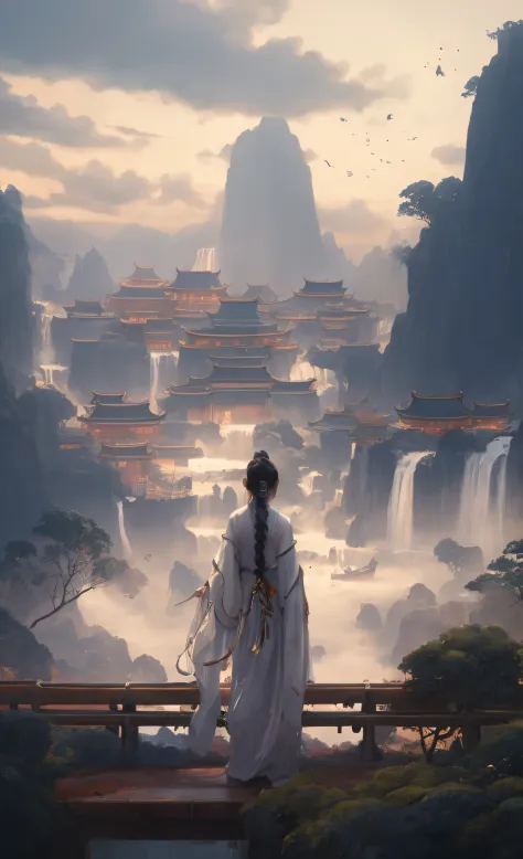 Painting a woman in a white dress standing on a bridge, ross tran. scenery background, beautiful concept art, by Raymond Han, au...