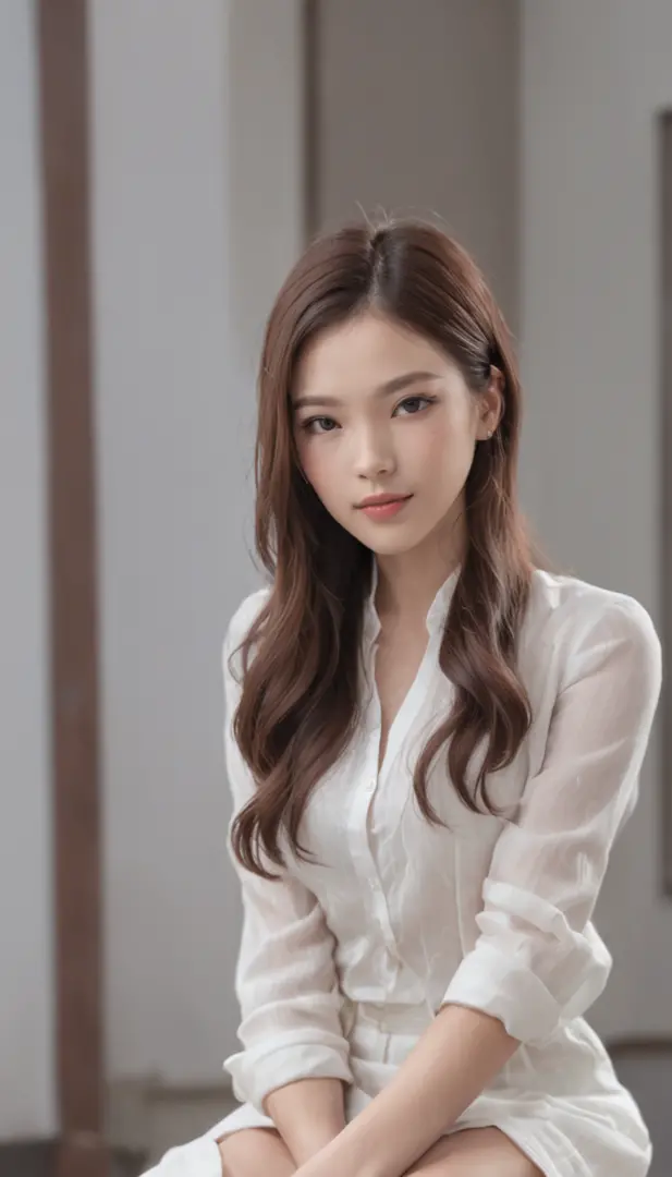 White asian beautiful girl with medium big breast using office