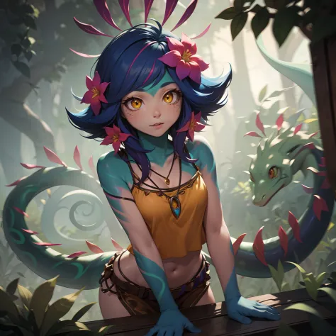 neeko, 1girl, facial marks, hair ornaments, hair flower, necklace, brown shorts, crop top, multicolored skin, lizard tail, body ...