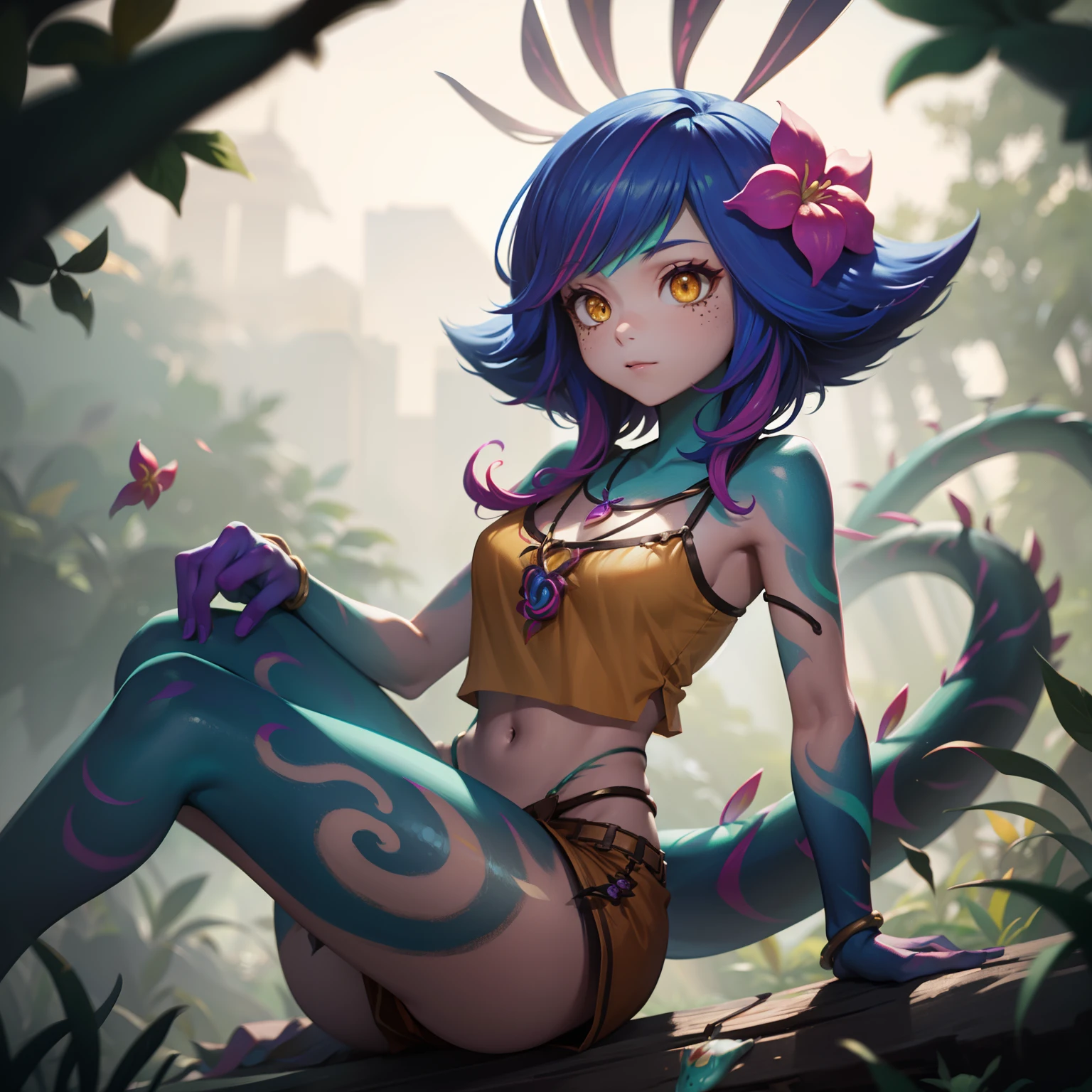 Neeko, 1girl, facial marks, hair ornaments, hair flower, necklace, brown shorts, crop top, multicolored skin, lizard tail, body paint, yellow eyes, perfect anatomy, better hands