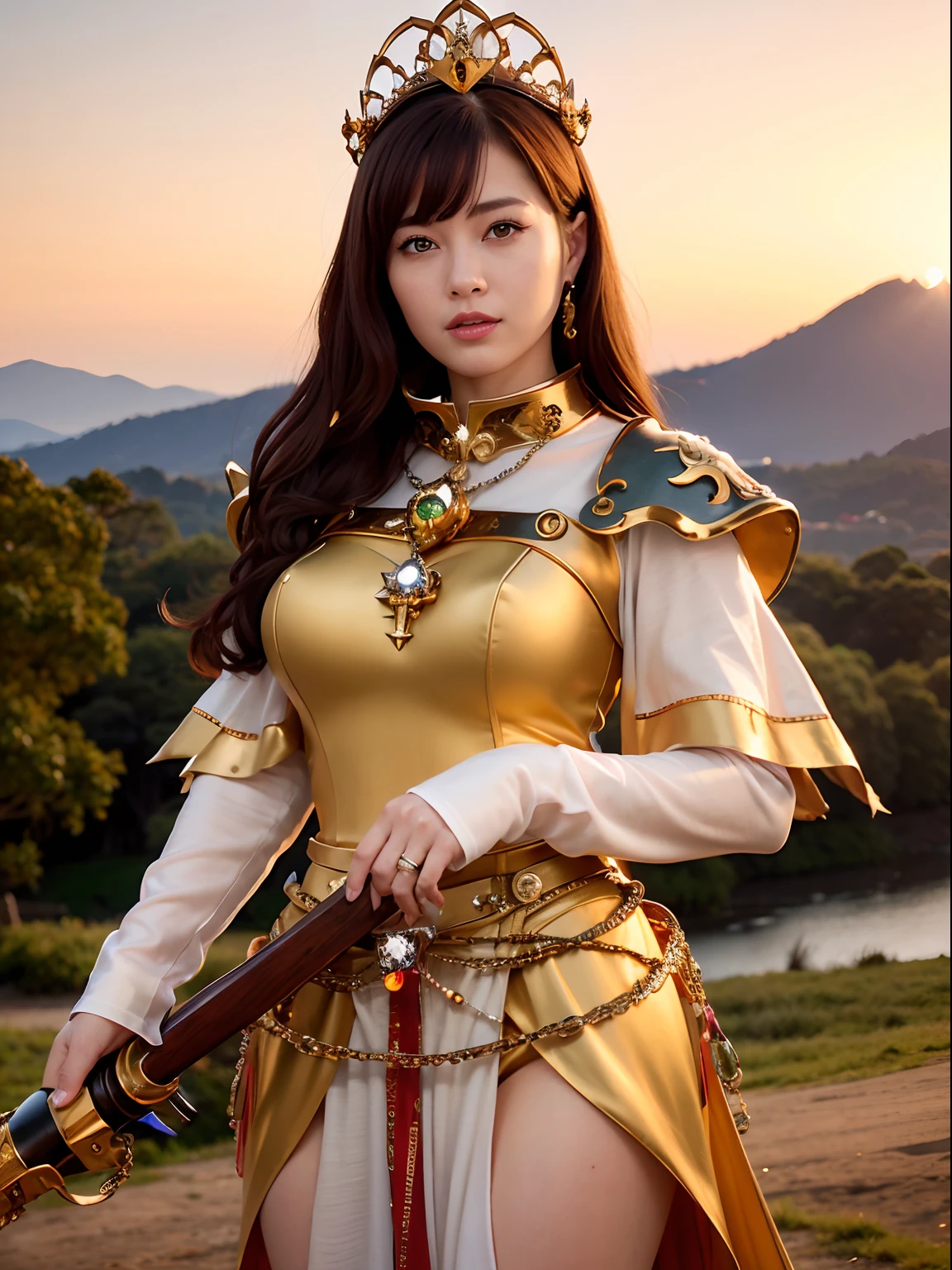 (masutepiece), Professional , ​masterpiece、top-quality、photos realistic , depth of fields （Gemstone Silver Metal Body:1.９),(Matte yellow、Jewel Gold Weapon、（Gorgeous castle background）、（Jewel Metal Body:1.４),Gorgeous Jewel Metal Weapons , Detailed Sword of the Brave ,（ Soldier background in metal armor）   ,warhammer 40k , adepta sororitas,Detail and ornate jewel crown、独奏、Brown hair、（Gangle's forest background）、Beautiful Caucasian beauty、１a person、dynamic ungle,(((Diamond tiara with detail and luxury)))、a small face、A smile、Powerful poses、（Gorgeous castle background）、huge filesize、20 year old beautiful woman、Stand in the center of the screen、Thin female fingers、Straight long hair、Beautiful Caucasian beauty、