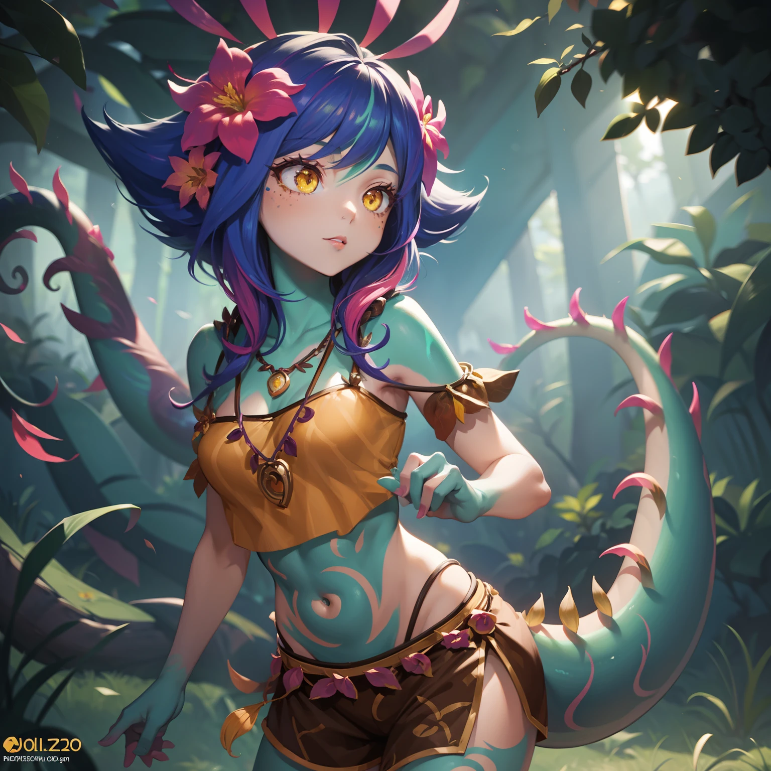 Neeko, 1girl, facial marks, hair ornaments, hair flower, necklace, brown shorts, crop top, multicolored skin, lizard tail, body paint, yellow eyes, fgo sprite, perfect anatomy, better hands