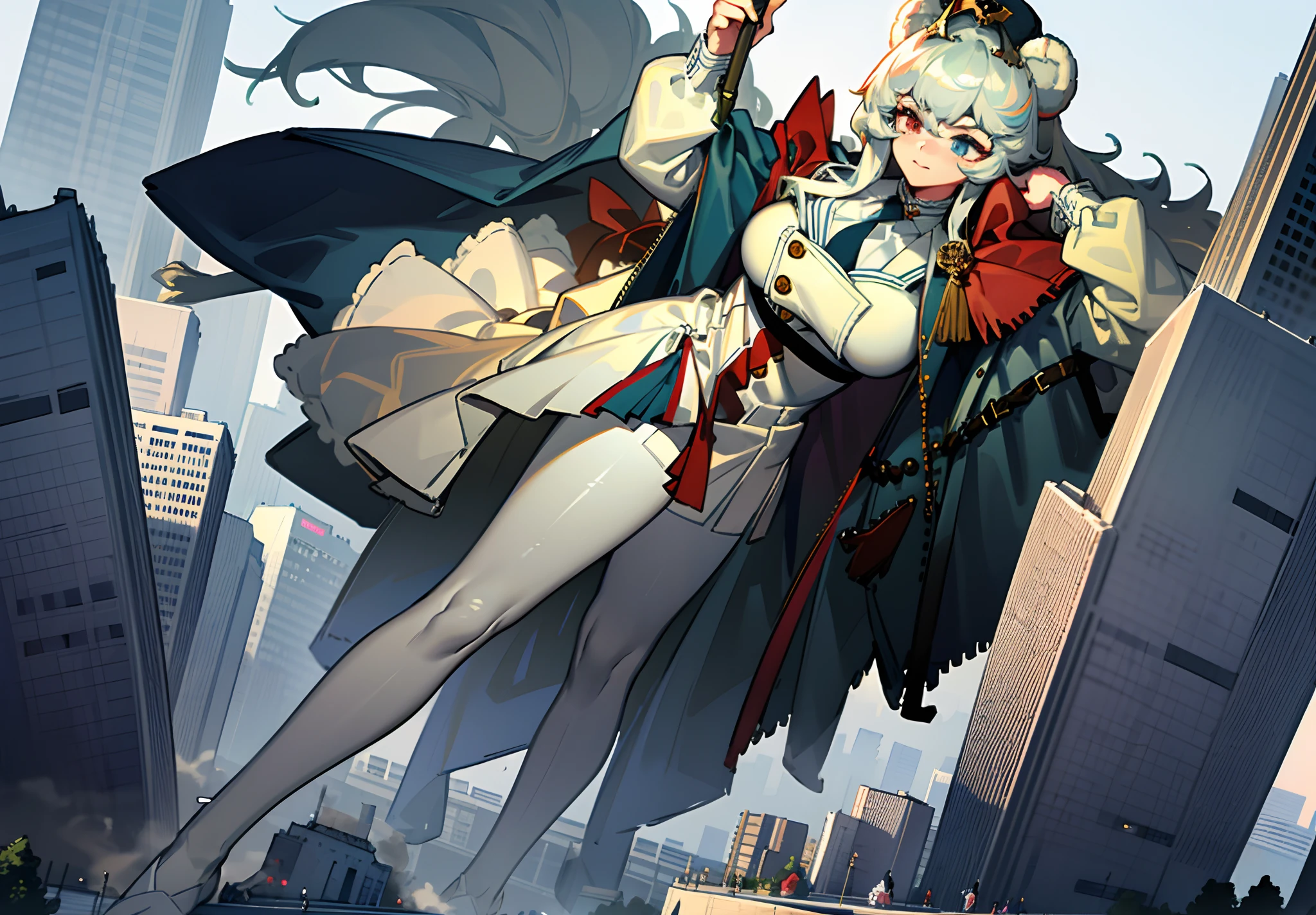 Anime girl in a white outfit flying over a city - SeaArt AI