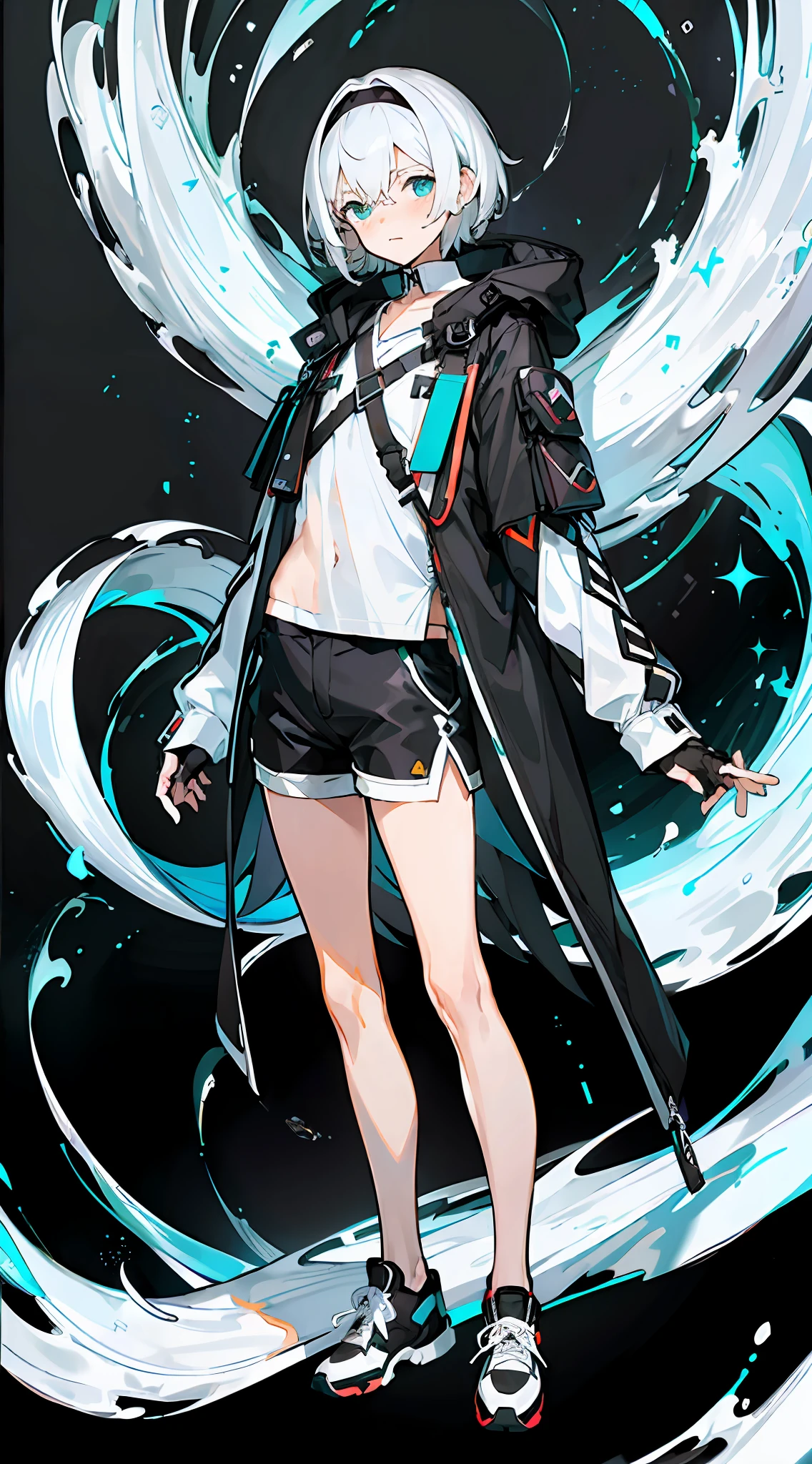 Masterpiece, Best quality, Solo,Boy, White hair,Short hair, (White shirt:1.4),(Black shorts:1.5), blackfootwear, full bodyesbian, shirt, Shorts, Coat, Open coat, view the viewer, Hood, Sneakers, Open clothes, Black coat, (Flat chest:1.7), No breasts,Long sleeves, bangs, Fingerless gloves, Short hair, hair between eye,(Pure black background:1.4),Normal standing