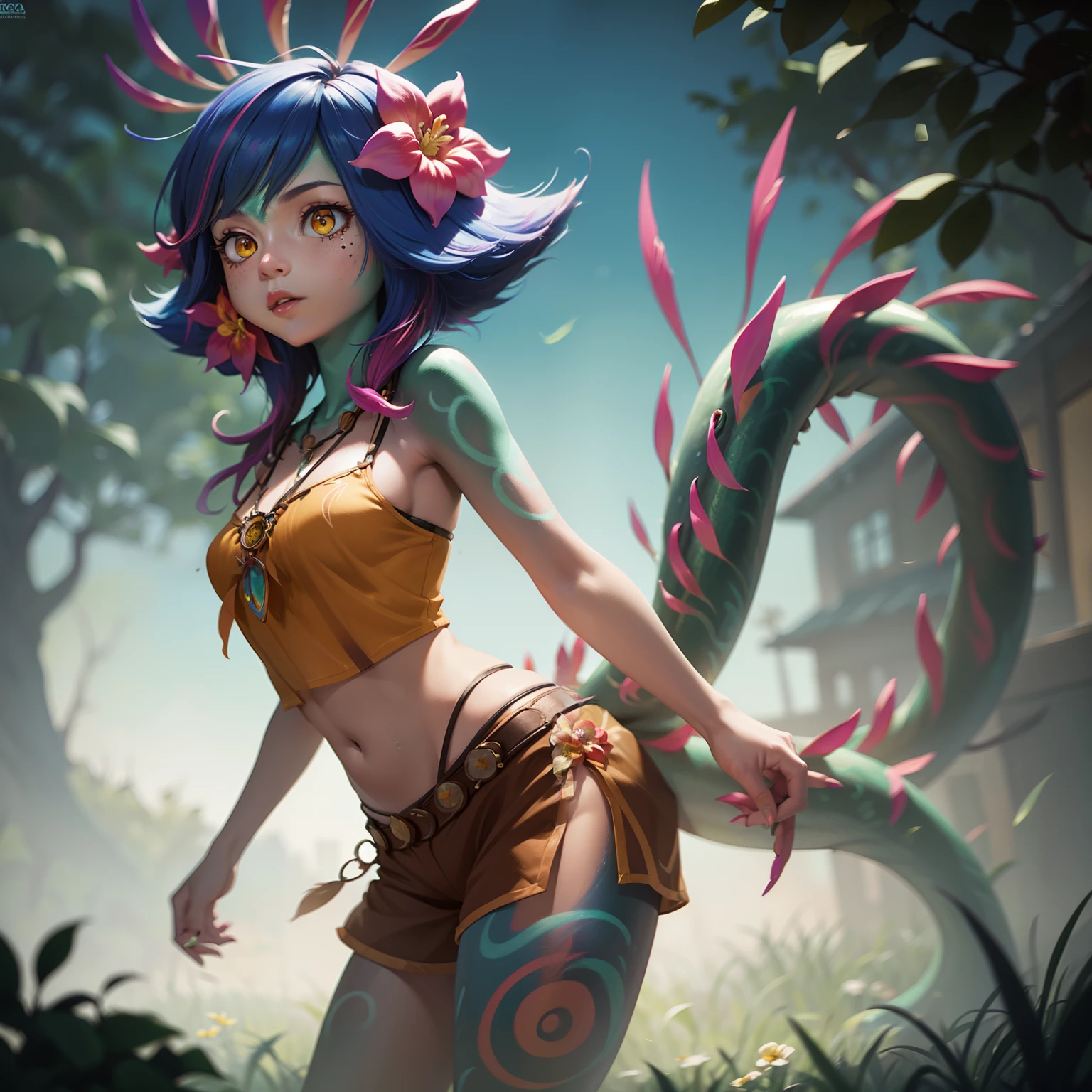 Neeko, 1girl, facial marks, hair ornaments, hair flower, necklace, brown shorts, crop top, multicolored skin, lizard tail, body paint, yellow eyes, cowboy shot, perfect anatomy