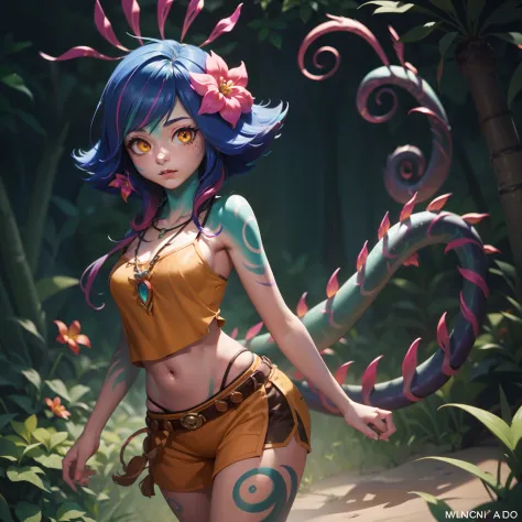 Neeko, 1girl, facial marks, hair ornaments, hair flower, necklace, brown shorts, crop top, multicolored skin, lizard tail, body ...