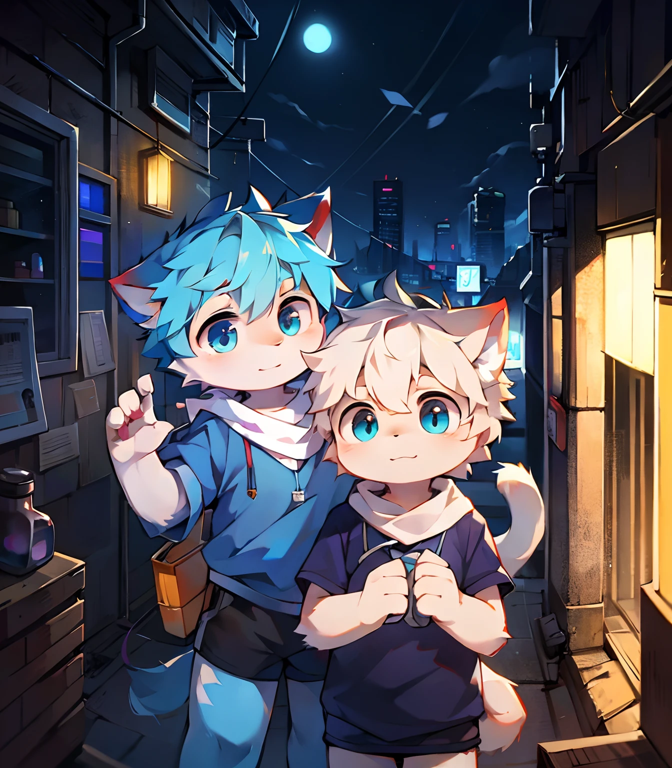 Highest picture quality，Delicate painting style，Delicate hook lineasterpieces，Fine skin，Delicate hair，Delicate hands，Delicate eyes，Normal eyes，White cat ears，shaggy，Blue eyes，Handsome，（（White scarf）），Cat style，Shota，Cyberpunk, Blue pupils, Night view of the city, , Dappled light and shadow, Boy，Shota，There are bright eyes of God，White fur，blue jacket