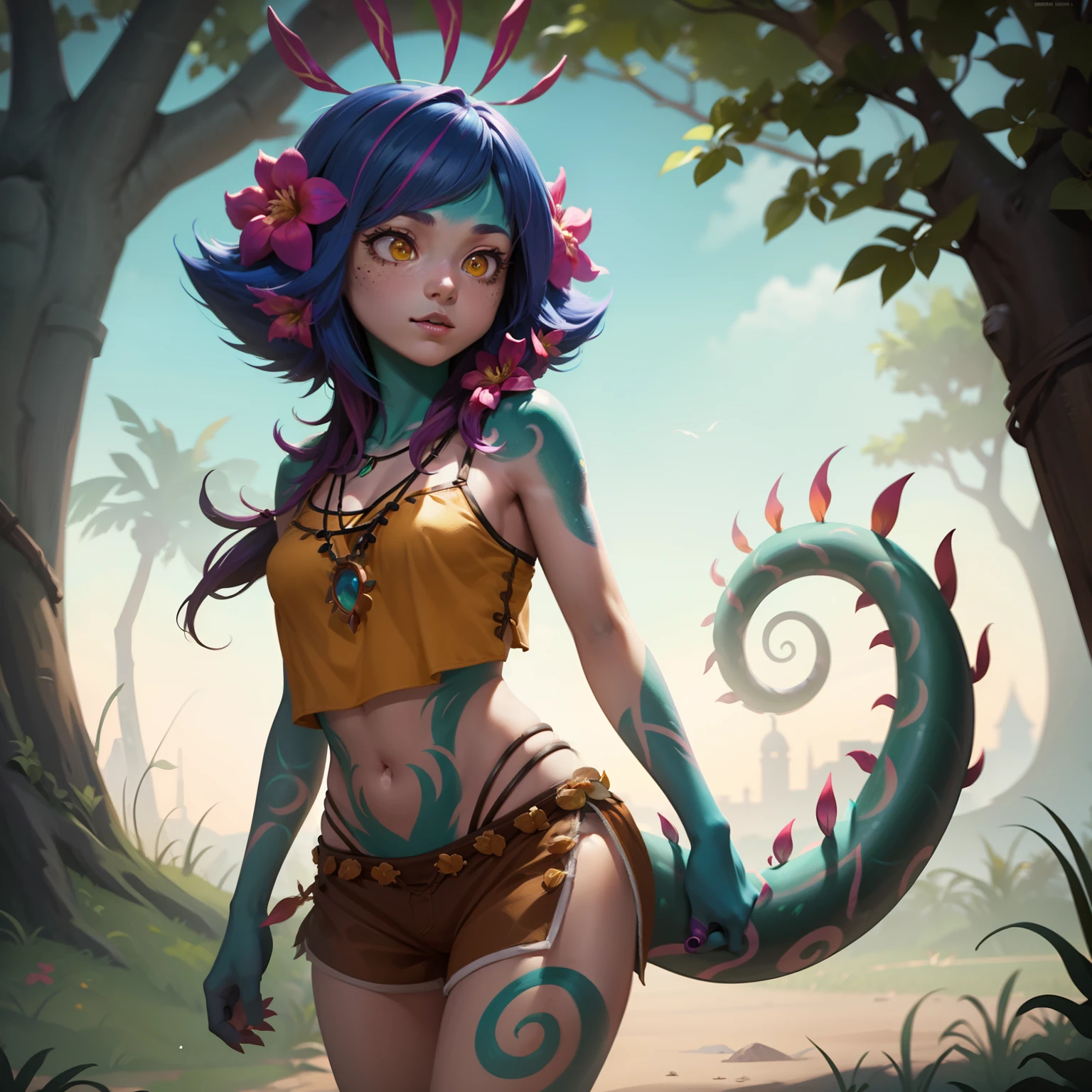 Neeko, 1girl, facial marks, hair ornaments, hair flower, necklace, brown shorts, crop top, multicolored skin, lizard tail, body paint, yellow eyes, cowboy shot, perfect anatomy