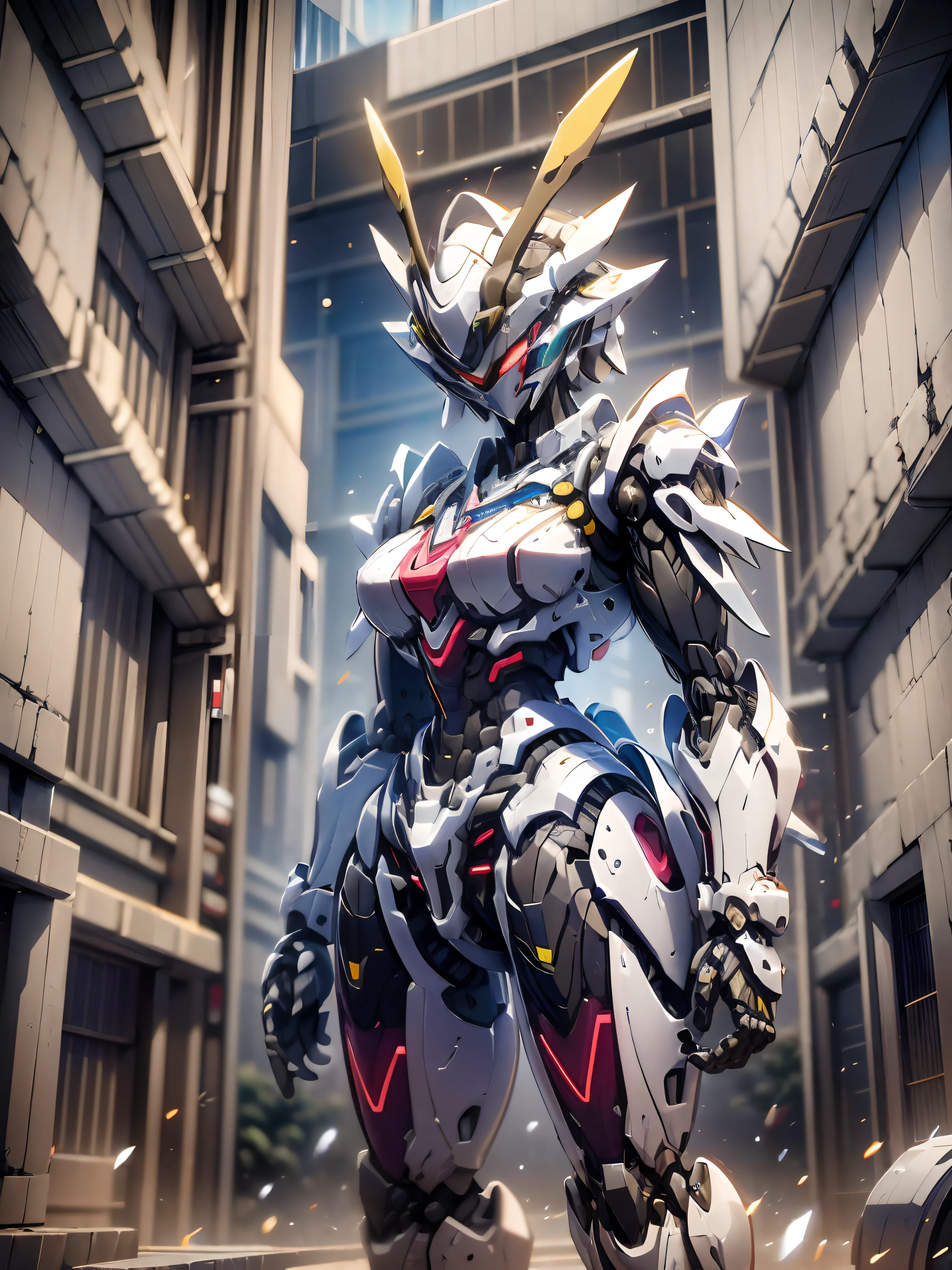 un gros plan d&#39;un robot avec une épée dans une ville, cyberpunk anime fille mech, fille en cyber-armure mecha, fille valkyrie mécanisée, Anime dur à cuire 8 K, mecha femelle, Art numérique 4K très détaillé, Meilleur fond d&#39;écran anime 4k konachan, très beau samouraï cyberpunk, armure de flammes cybernétiques, cushart krenz art clé féminin