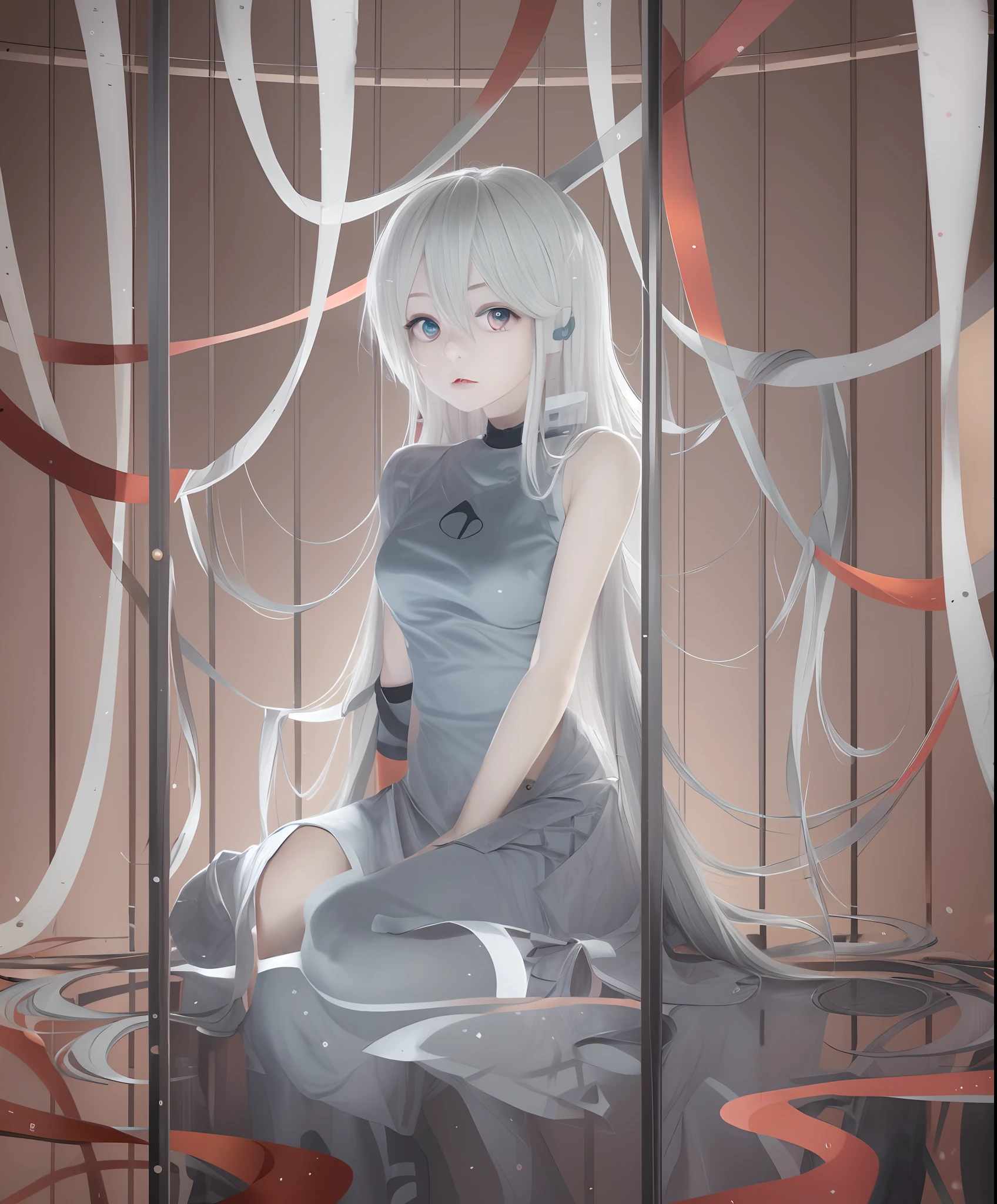 Anime girl sitting in a cage，There are red ribbons around，White-haired god，Gradient powder，gapmoe yandere，shikamimi，srestrained，teens girl，White color hair，queen in a glass prison，zerochan art，Zerotwo，shackled in the void。