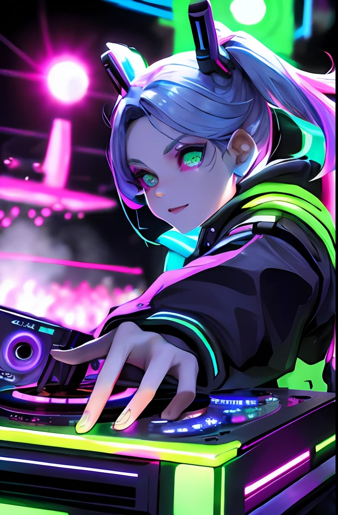 "1人の女の子をフィーチャーしたソロショット, レベッカ \(サイバーパンク\)   DJ, 活気に満ちたレイブでターンテーブルでのスキルを披露."