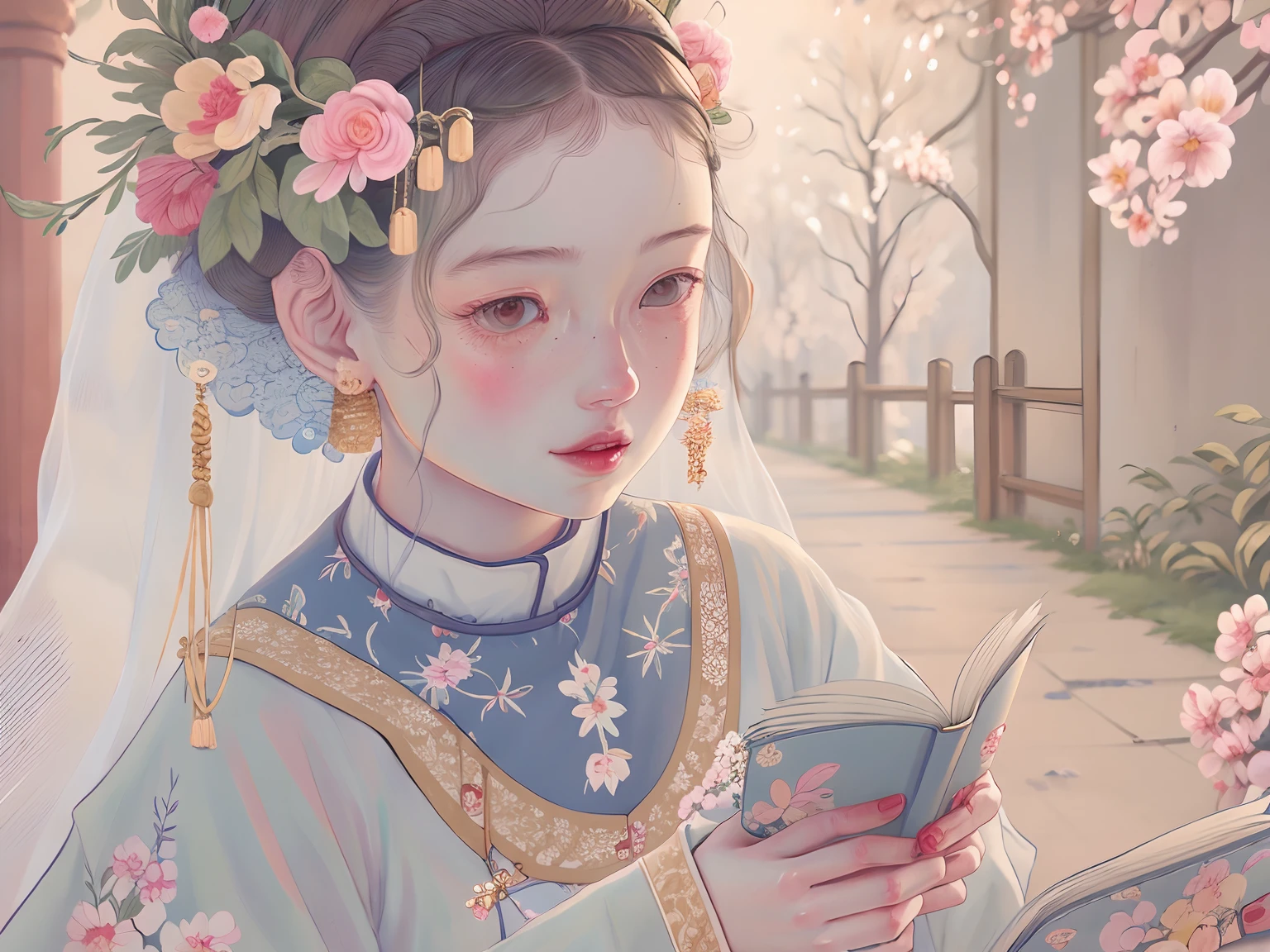 Chinese princess reading，the trees，earnestly，ssmile，Background bokeh，Beutiful women，uma linda princesa，Bust，Bust，Eyes read books，Ancient building blurred background，Bust，Bust，Holding a book in his hand，The eyes are reading the book，Reading a book，Look at the book，in a panoramic view，Full body like，Full body like，Full body like，the trees，florals，nerds，looking down at book，Hanfu，long  skirt