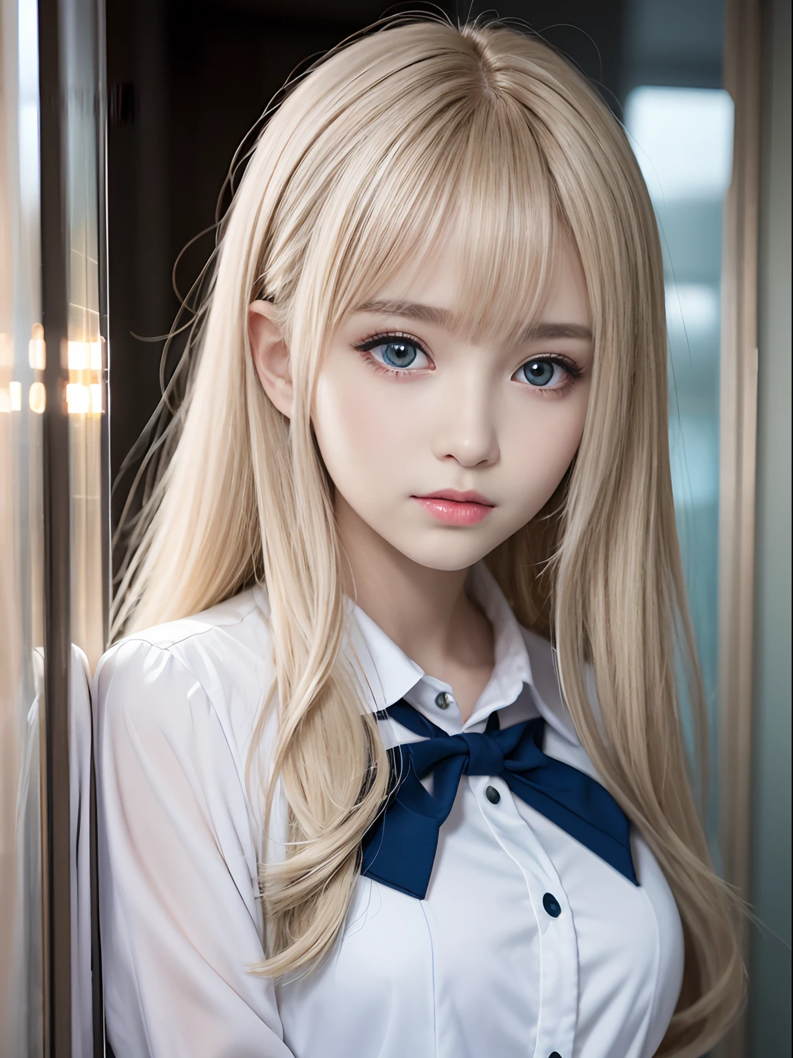 portlate、School Uniforms、bright expression、Young shiny shiny white shiny skin、Best Looks、Blonde reflected light、Platinum blonde hair with dazzling highlights、shiny light hair,、Super long silky straight hair、Beautiful bangs that shine、Glowing crystal clear attractive big blue eyes、Very beautiful nice cute 16 year old girl、Lush bust、