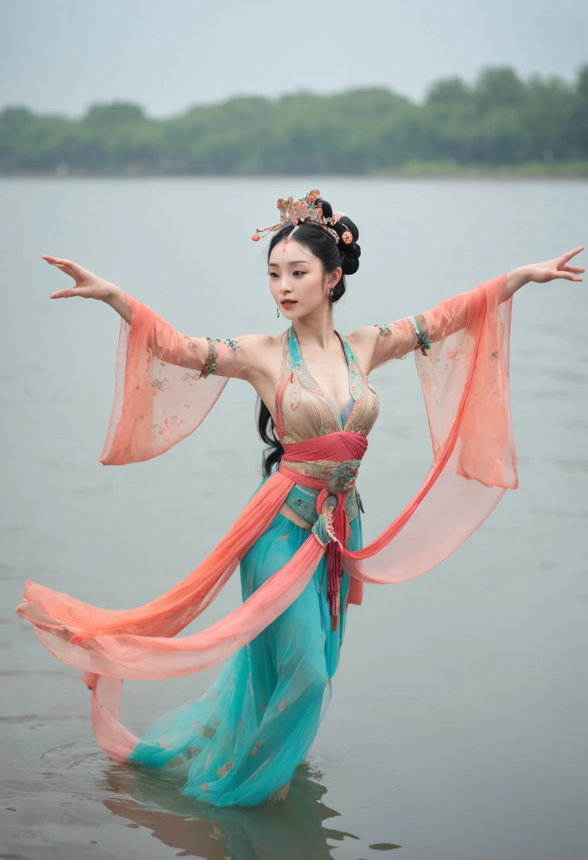 An ancient Chinese beauty stands and dances on the water, gorgeous costumes embroidered with intricate embroidery, flowing tulle, transparent long colorful ribbons tied on the arms, inspired by Dunhuang Flying Apsaras murals, showing navel, bare shoulders, bare neck, Black curly hair in a high bun with flower hairpins, ribbons on arm rings, wreaths, bracelets, anklets, metal chain tassels on the waist, Mogao Grottoes art, ink painting, cgstation pop