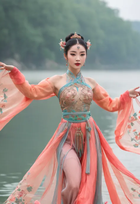 An ancient Chinese beauty stands and dances on the water, gorgeous costumes embroidered with intricate embroidery, flowing tulle, transparent long colorful ribbons tied on the arms, inspired by Dunhuang Flying Apsaras murals, showing navel, bare shoulders,...