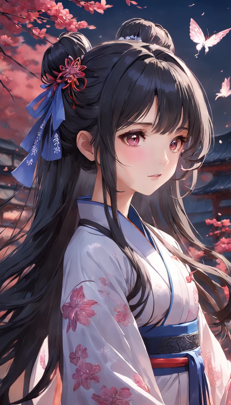 (little girl:1.5),lace,ribbon,hanfu,(masterpiece, sidelighting, finely detailed beautiful gray eyes: 1.2), masterpiece, realistic, glowing eyes,shiny hair,black hair,long long hair, lustrous skin, solo, embarassed,Strapless,exquisite,beautifly,garden,flowers,flying petals,