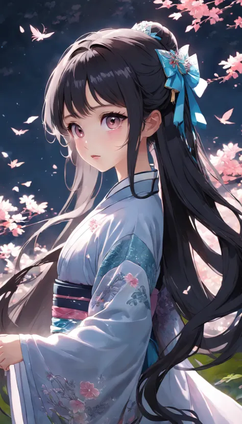 (little girl:1.5),lace,ribbon,hanfu,(masterpiece, sidelighting, finely detailed beautiful gray eyes: 1.2), masterpiece, realistic, glowing eyes,shiny hair,black hair,long long hair, lustrous skin, solo, embarassed,Strapless,exquisite,beautifly,garden,flowe...