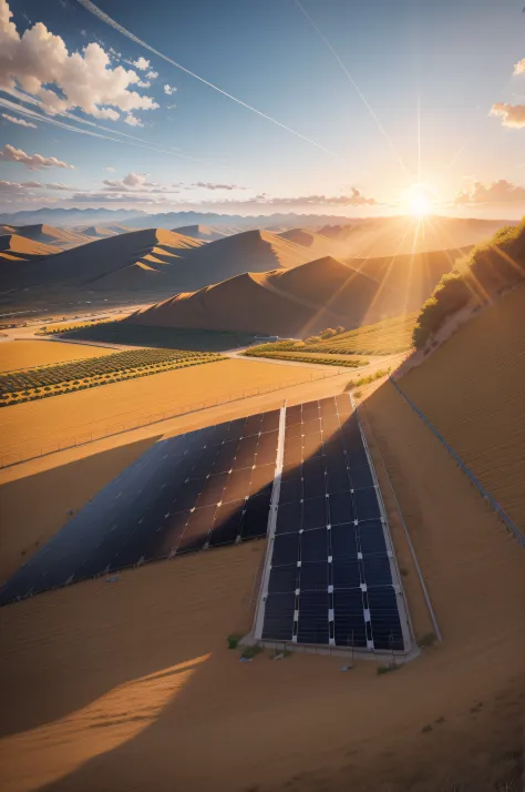 photo realistic illustration of large solar farm on barren grassland，rows of dark monocrystalline silicon solar panels are shown...