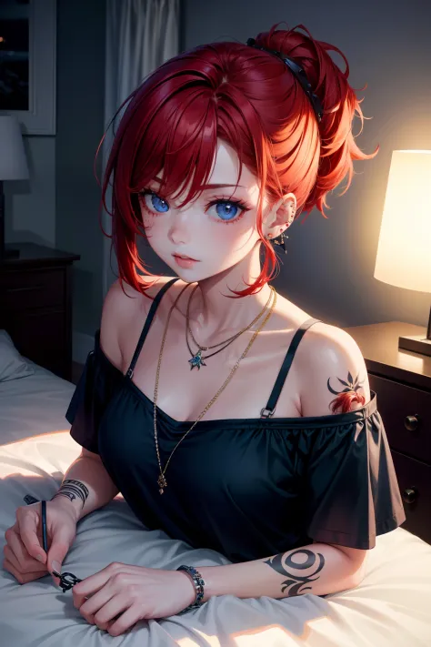 anime girl in bikini, blue eyes, red hair, large chest, digital