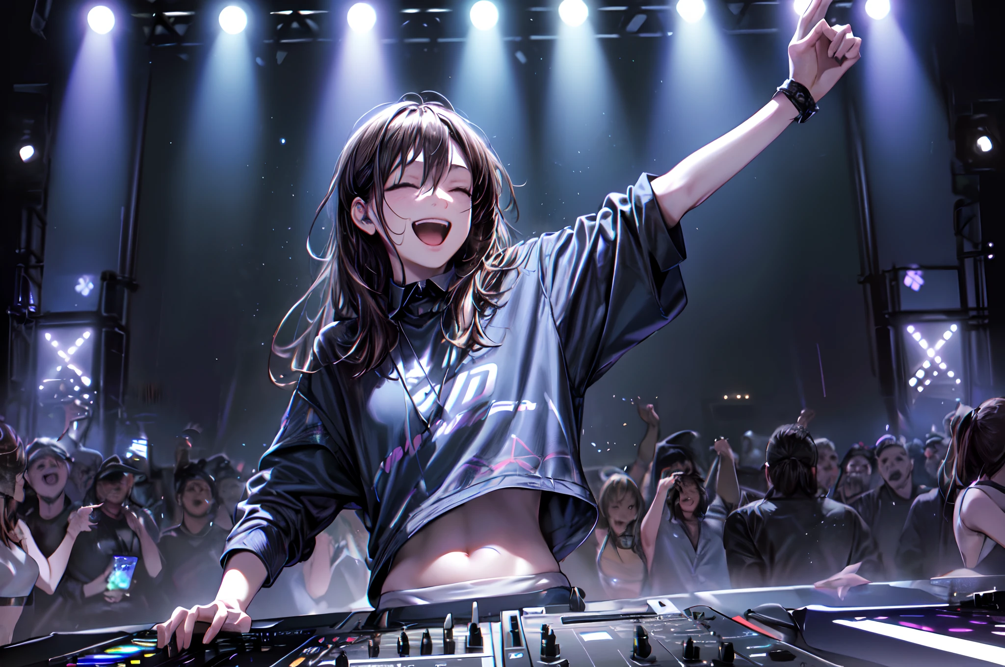 (Inside a club, a DJ plays music, getting the audience excited. They dance, sing, and have fun to the rhythm of the music. The DJ watches their reaction, continuing to play music to further excite them. The club is filled with heat and excitement.)highres, ultra detailed, realistic