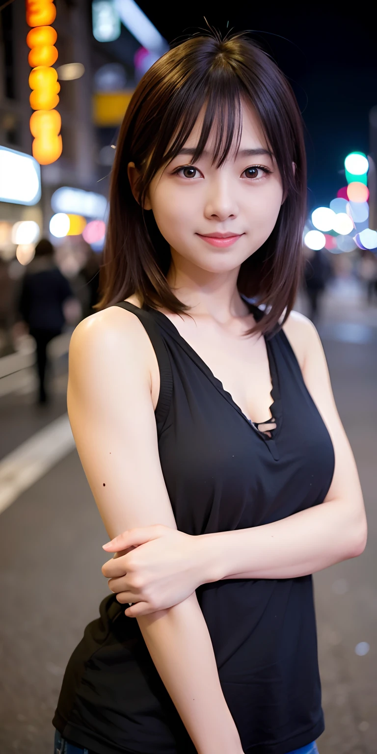 1girl, Tokyo street,night, cityscape,city lights,upper body,close-up,smile,, (8k, RAW photo, best quality, masterpiece:1.2),(realistic, photo-realistic:1.37),