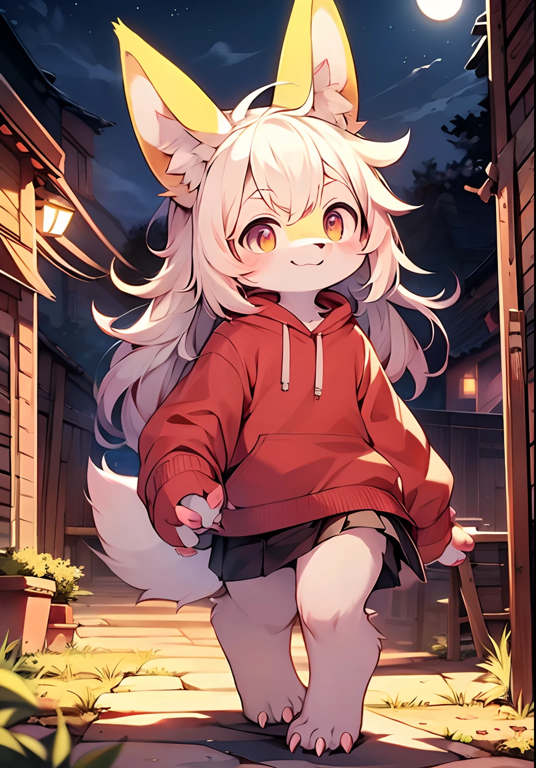 Furry ，Fluffy tail，Emphasis on white fur，Delicate fur，Cute toddler，Short pink skirt，Young， and cute emphasis，Walking posture，Detailed characters，A smile on his face（1.2），Protruding claws，Pink meat pad，Enhance long-haired animals（1.2），the night，pays（1.1）。solo，solo person
