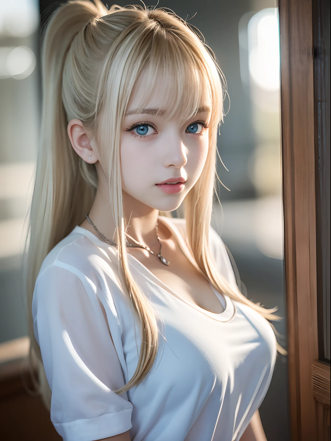 portlate、School Uniforms、bright expression、poneyTail、Young shiny shiny white shiny skin、Best Looks、Blonde reflected light、Platinum blonde hair with dazzling highlights、shiny light hair,、Super long silky straight hair、Beautiful bangs that shine、Glowing crystal clear attractive big blue eyes、Very beautiful nice cute  girl、Lush bust