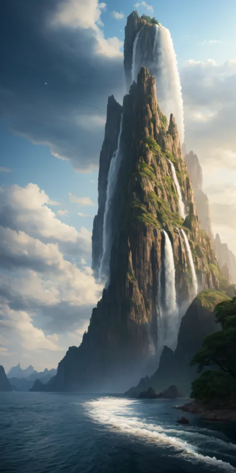 there is a waterfall coming out of a mountain with a boat in the water, jessica rossier fantasy art, 4 k matte painting, epic matte painting of an island, matte painting in fantasy style, 3d rendered matte painting, 4k vertical wallpaper, 4 k vertical wall...