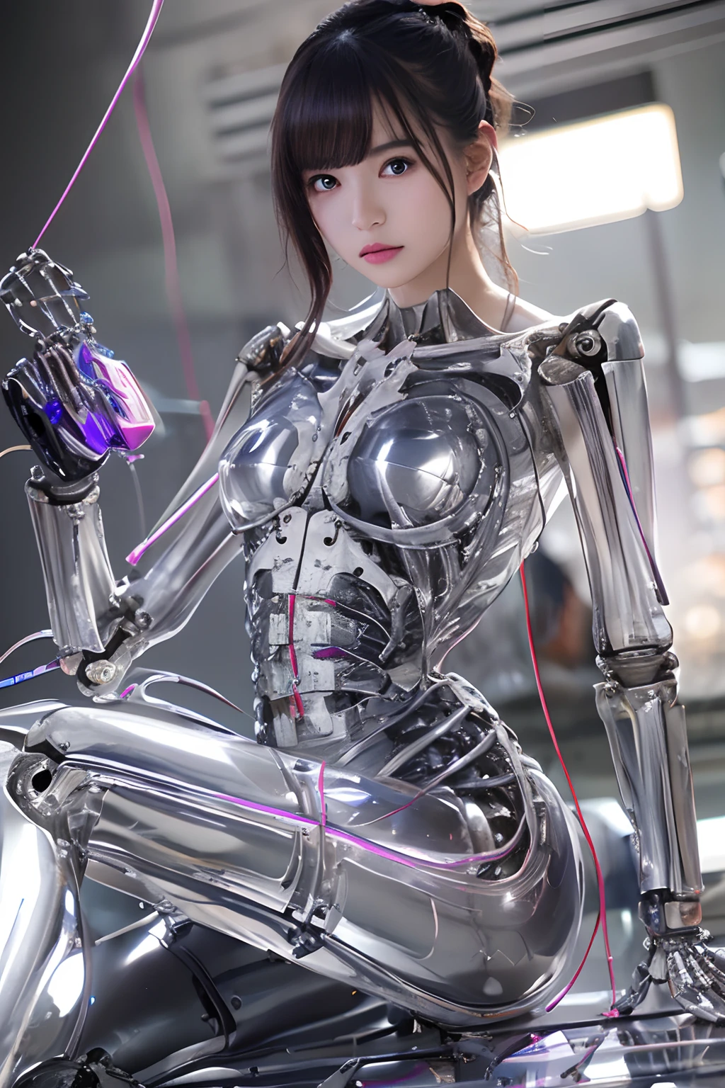 top-quality、​masterpiece、超A high resolution、(Photorealsitic:1.4)、Raw photo、女の子1人、Black hair、((Under the neck、There is an all-mechanical skeleton without skin:1.4))、(((Colorless transparent latex in the shape of an attractive woman covering the body of the machine:1.4)))、((super realistic details))、portlate、globalillumination、Shadow、octan render、8K picture quality、ultrasharp、((All machine metal is mirror silver plated.:1.4))、Details of complex ornamentechanical skeleton、Blood vessels in the tube、highly intricate detail、Realistic light、CGSoation Trends、a purple eye、radiant eyes、Facing the camera、neon details、Limbs of the machine、mechanical vertebra、Mechanical neck、sitting on、Wires and cables connecting to the head、Gundam、Small LED lamp、(Purple lighting from behind)、
