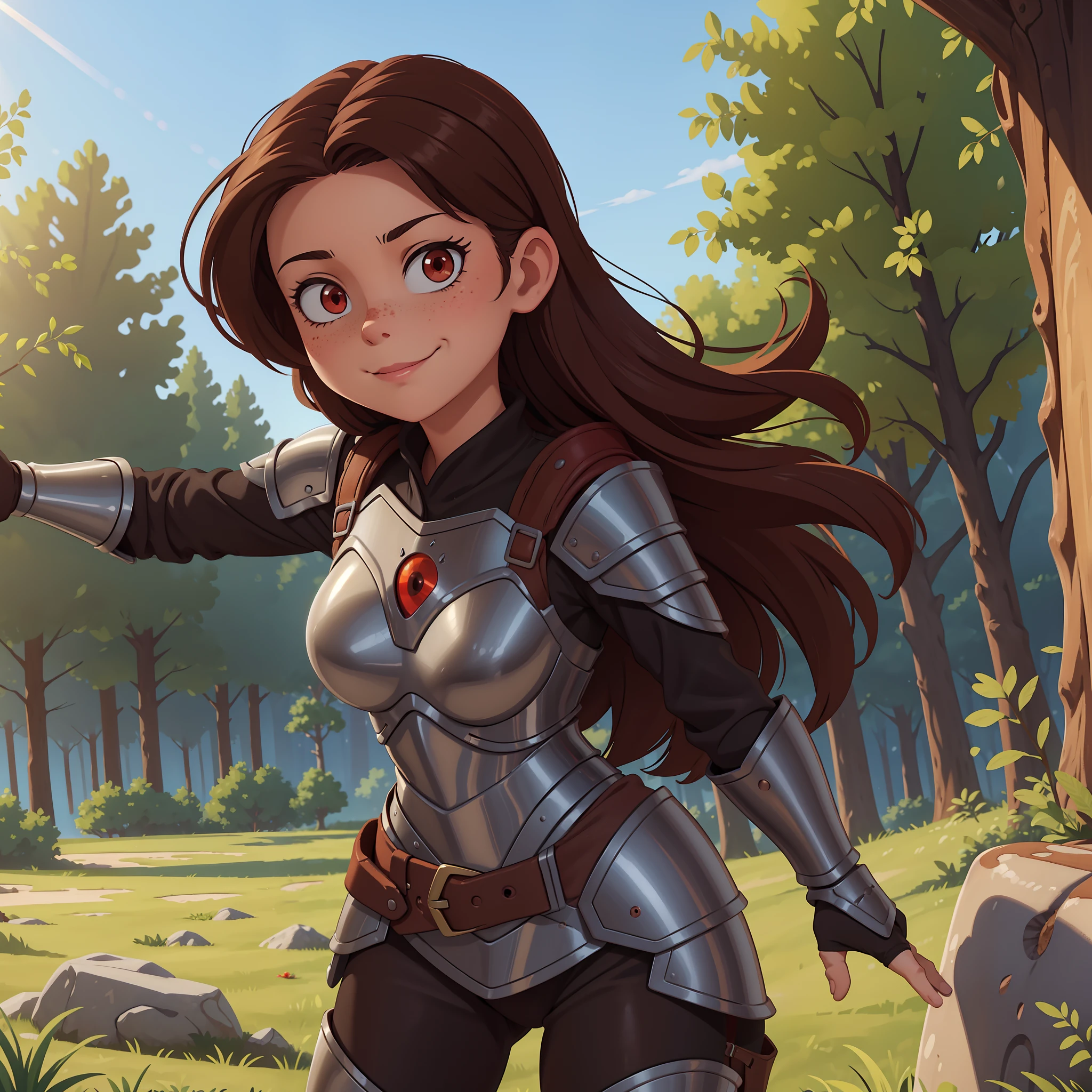 best quality, (masterpiece:1.1)  1girl, brown hair,  looking at viewer, cute, (sexy smirk:1.1), wearing  armor, (female armor:1.1), forest, (outstretched hand:1.1), red eyes, solo, (freckles:0.7), day, sunlight, rock, plant, tree