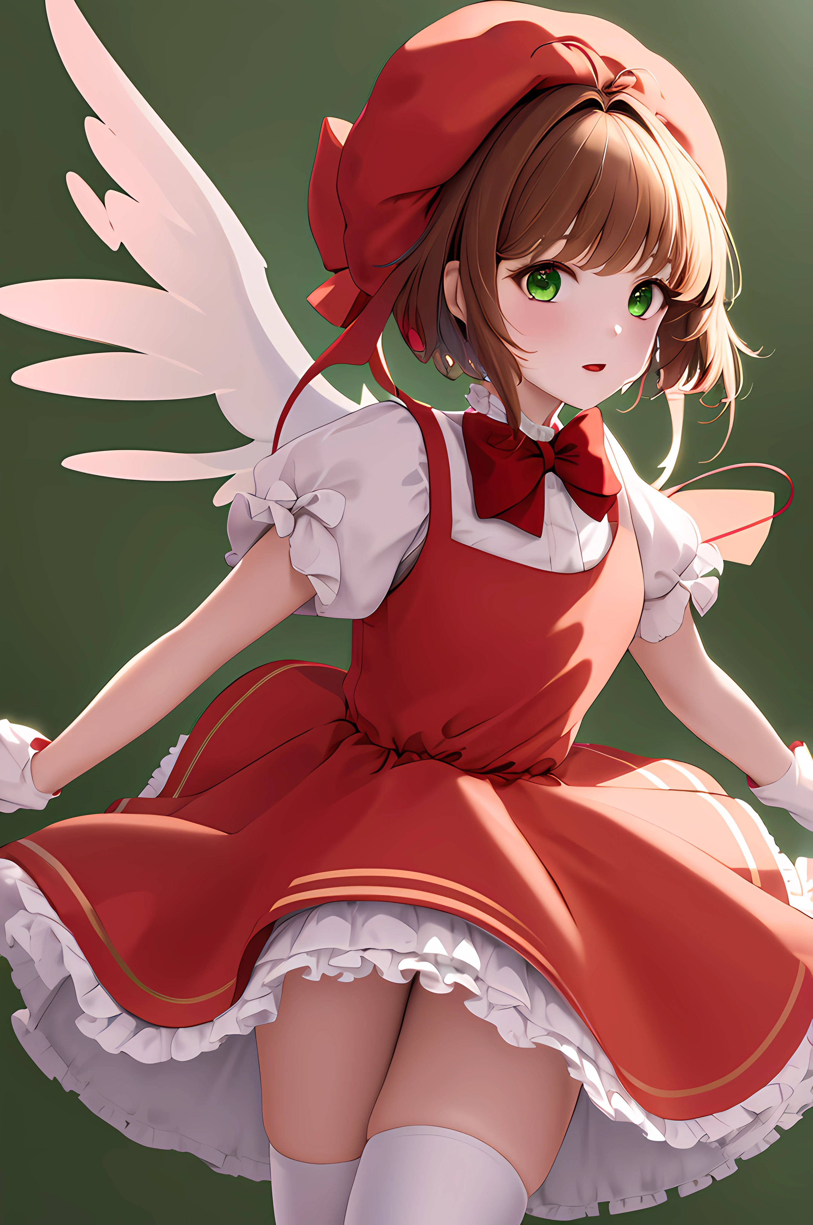 masterpiece, best quality, highres, kinomoto sakura, 1girl, brown hair, short hair, antenna hair, red headwear, green eyes, frills, red dress, puffy short sleeves, white gloves, red bow, white thighhighs, wings, standing, holding card