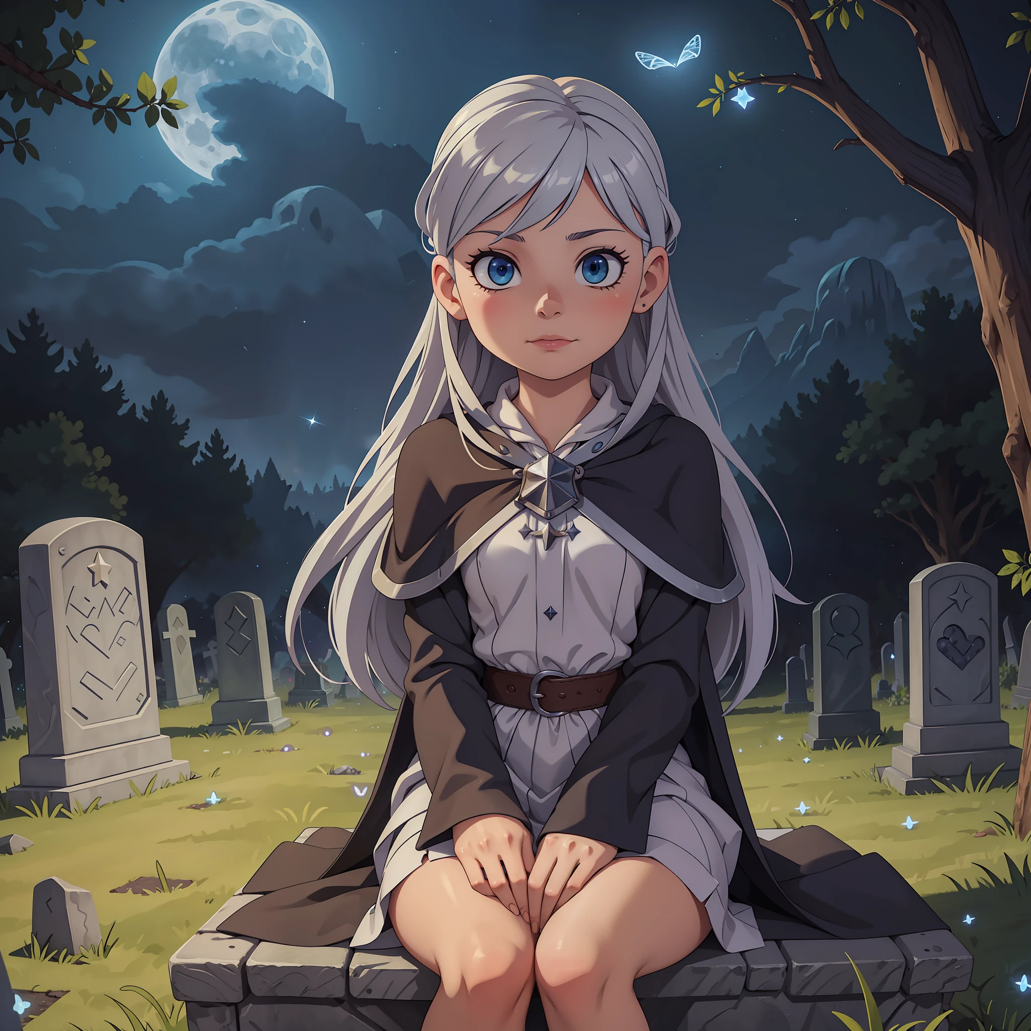 best quality, (masterpiece:1.1), 1girl, silver hair,  looking at viewer, cute, sitting, fantasy, RPG, witches outfit, cemetery, blue eyes, solo, night sky, moonlight, rock, grass, stars, fireflies