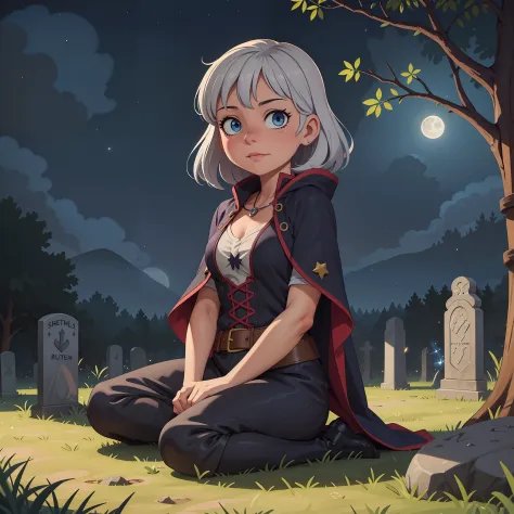 best quality, (masterpiece:1.1), 1girl, silver hair,  looking at viewer, cute, sitting, fantasy, rpg, witches outfit, cemetery, ...