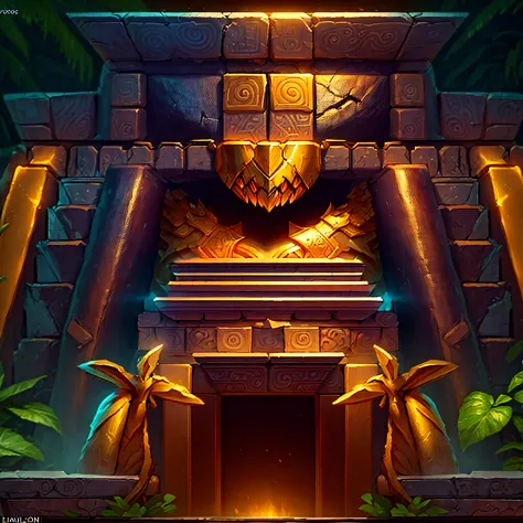 Mayan temple in the jungle,golden colored,Resplendent,gameicon,league of legends splashart,highest masterpiece,high qulity,Clear details